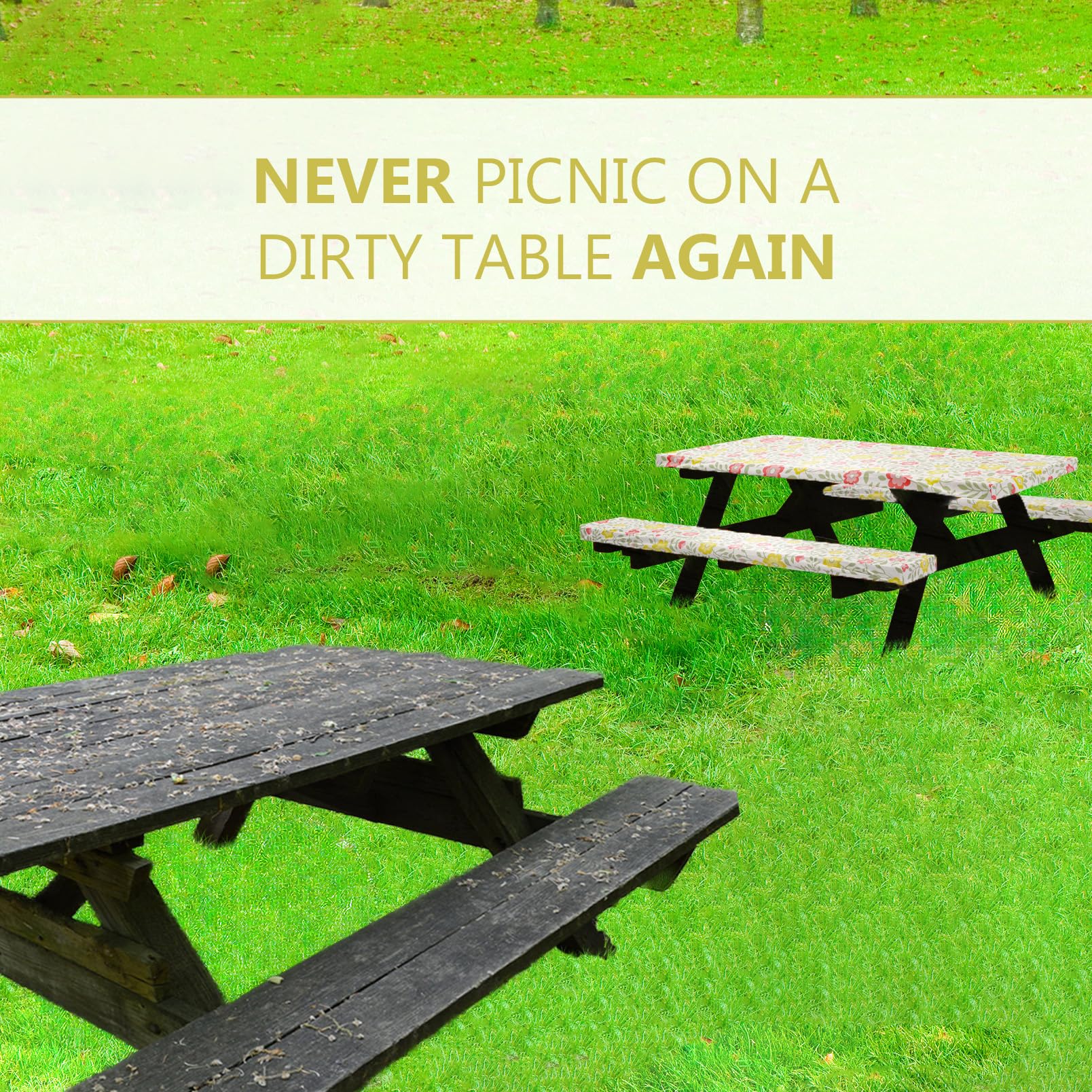 Linpro 6Ft Fitted Picnic Table Cover With Bench Covers. Vinyl Outdoor Camping Picnic Tablecloth, 3 Piece Set Camping Gear. Waterproof, Stain Resistant, Reusable. Flannel Backing With Elastic Edges.72