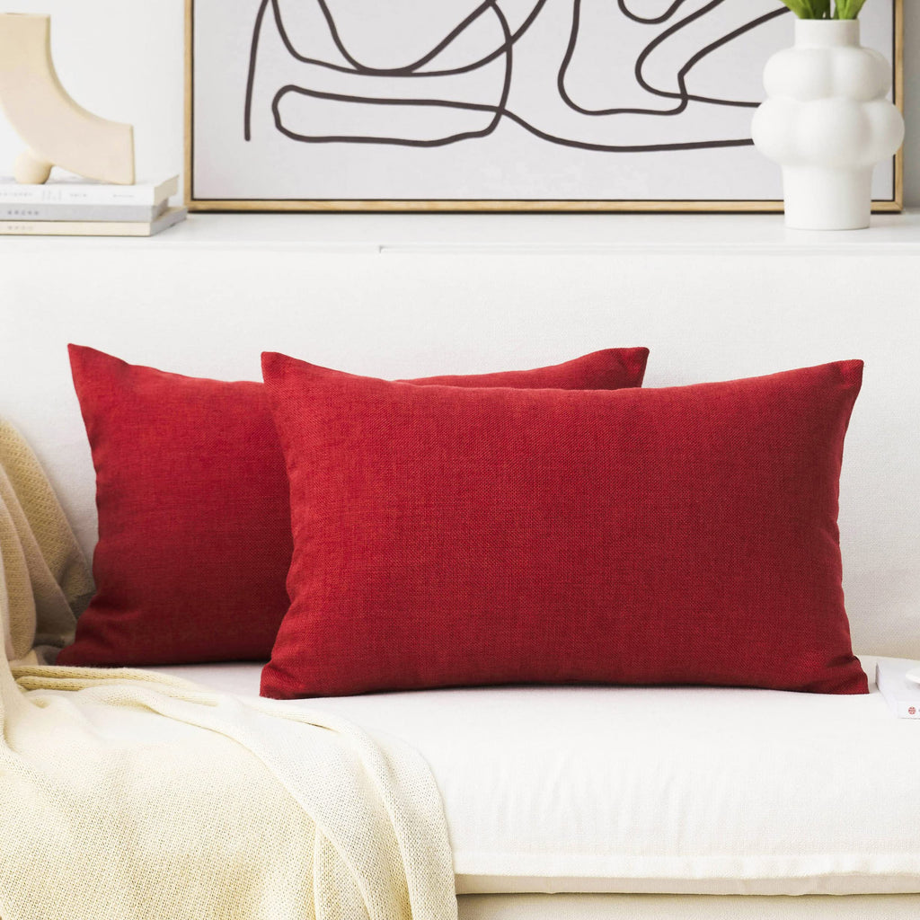 Home Brilliant Lumbar Pillow Cover Linen Rectangular Throw Pillow Covers Dark Red Cushion Covers For Pets, 12 X 20(30X50Cm), 2 P