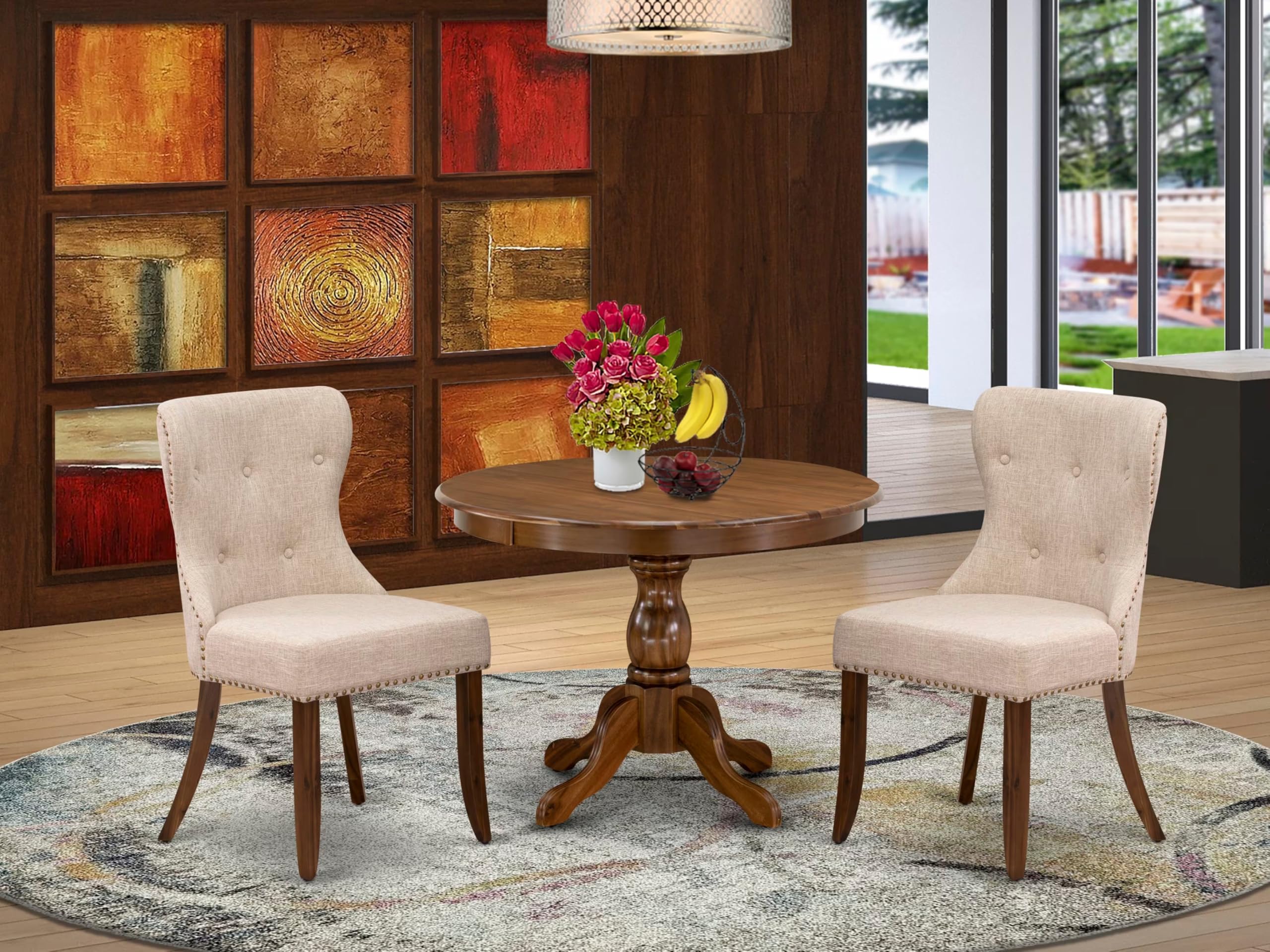 East West Furniture HBSI3-AWA-04 3 Piece Dining Set Contains a Round Dining Room Table with Pedestal and 2 Light Tan Linen Fabric Upholstered Chairs, 42x42 Inch, Walnut