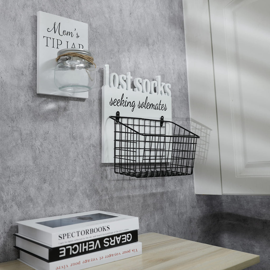Eva Murmure Lost Socks Rustic Wooden Laundry Sign Wall Decor With Attached Basket And Mom Tip Jar Wooden Sign With Bottle - Laun