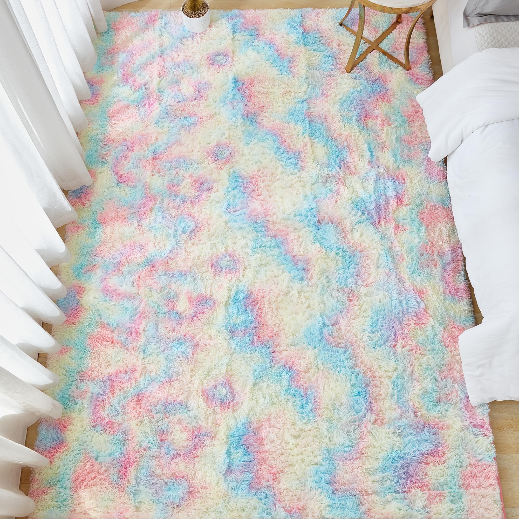 Andency 4X6 Shag Area Rug For Living Room, Rainbow Soft Fuzzy Plush Indoor Carpets For Bedroom, Non Skid Fluffy Faux Fur Rug For Nursery Kids Boys Girls Room