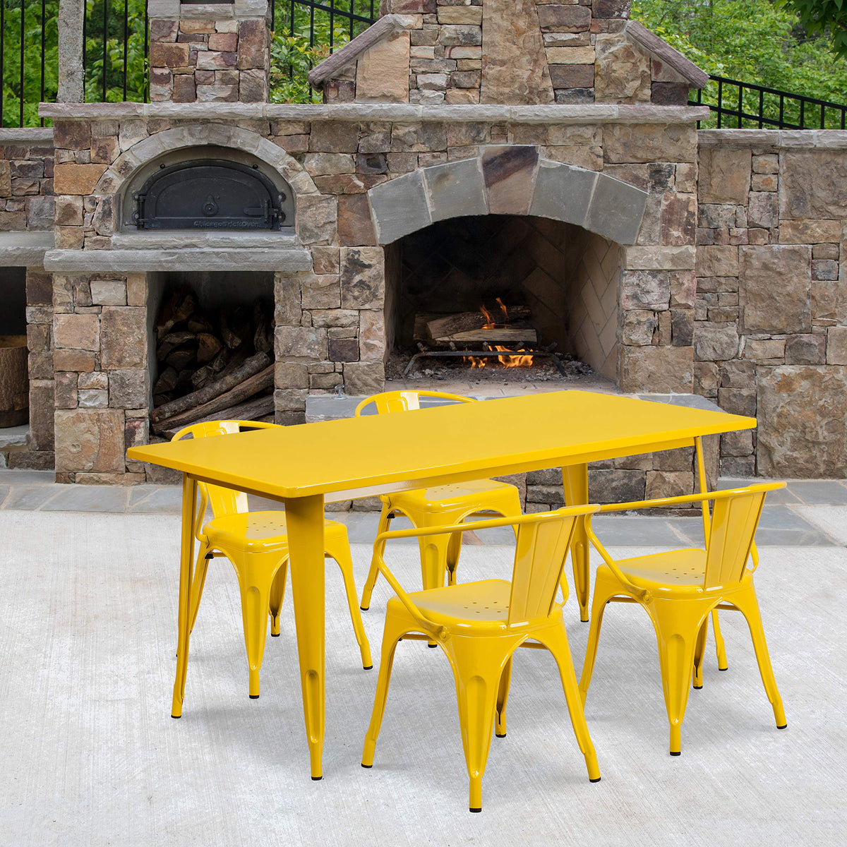 Flash Furniture Commercial Grade 31.5&quot; x 63&quot; Rectangular Yellow Metal Indoor-Outdoor Table Set with 4 Arm Chairs