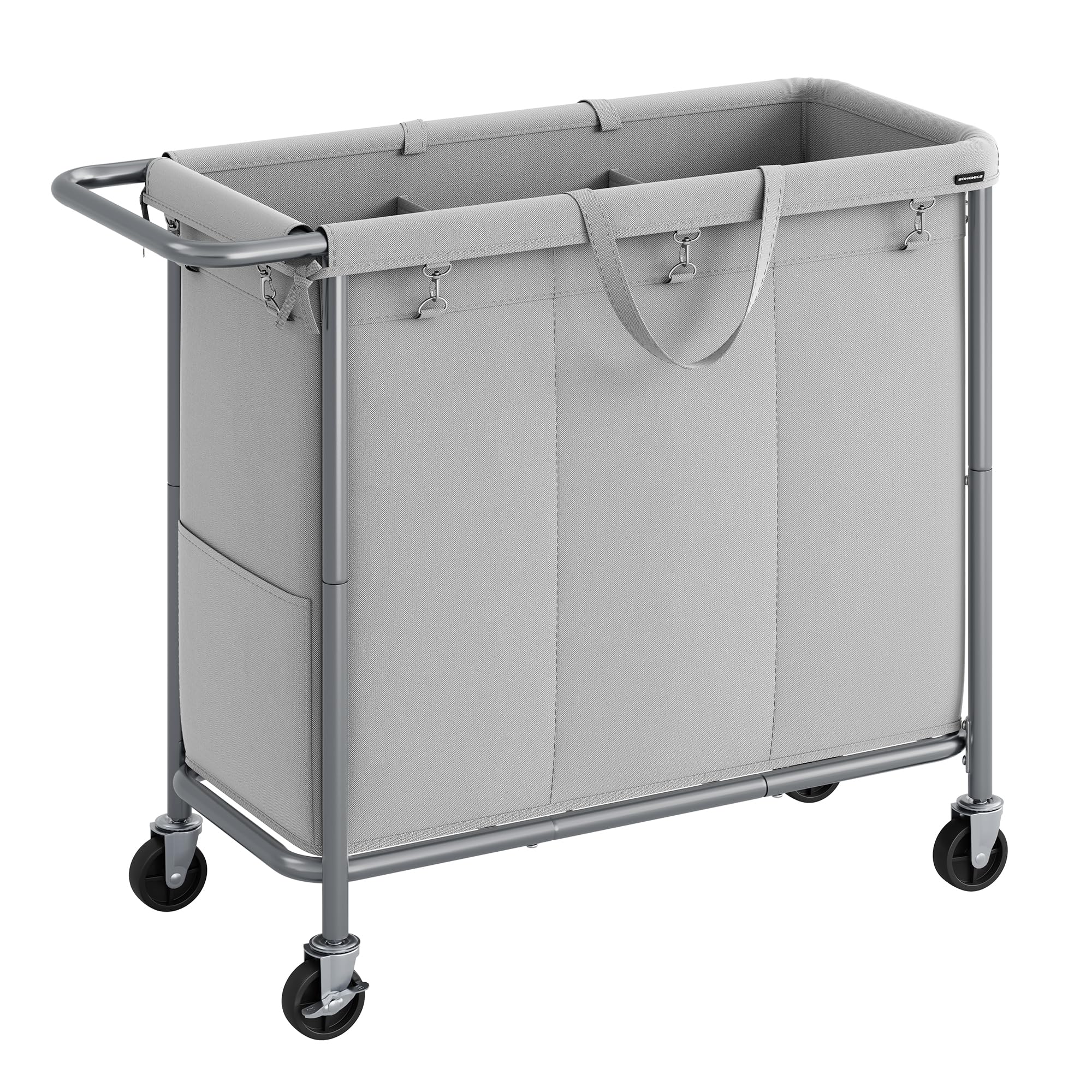 SONGMICS Laundry Basket with Wheels, 3-Section Rolling Laundry Hamper, 52.8 Gallons (200L), Removable Liner, Steel Frame with Ha