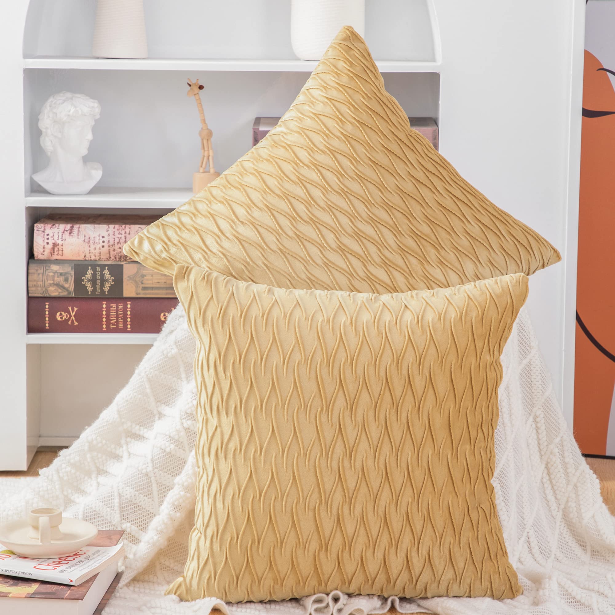 Madizz Set Of 2 Super Soft Velvet Decorative Throw Pillow Covers 22X22 Inch Khaki Square With Texture Luxury Style Cushion Case