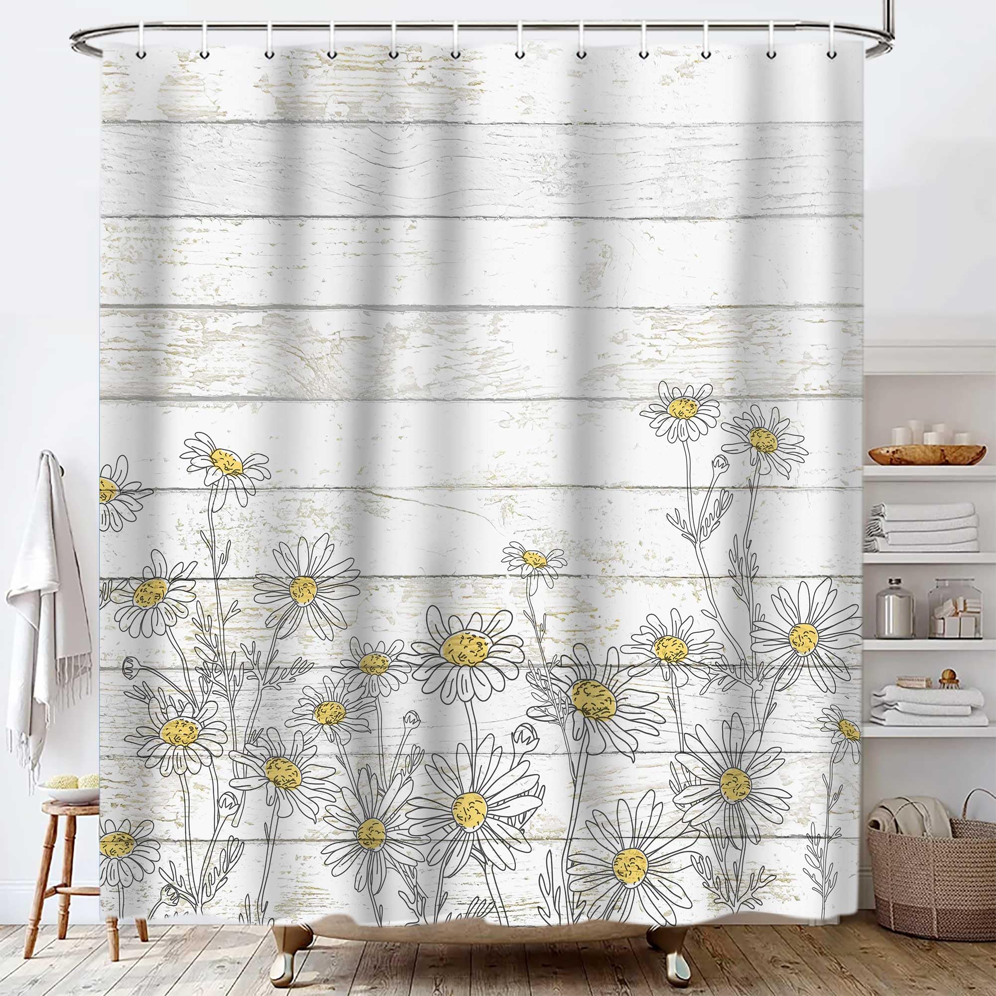 Lacoiime Daisy Shower Curtain, Retro Daisy Shower Curtains For Bathroom Rustic Farmhouse Floral Bathroom Decor Cute Cloth Bathro
