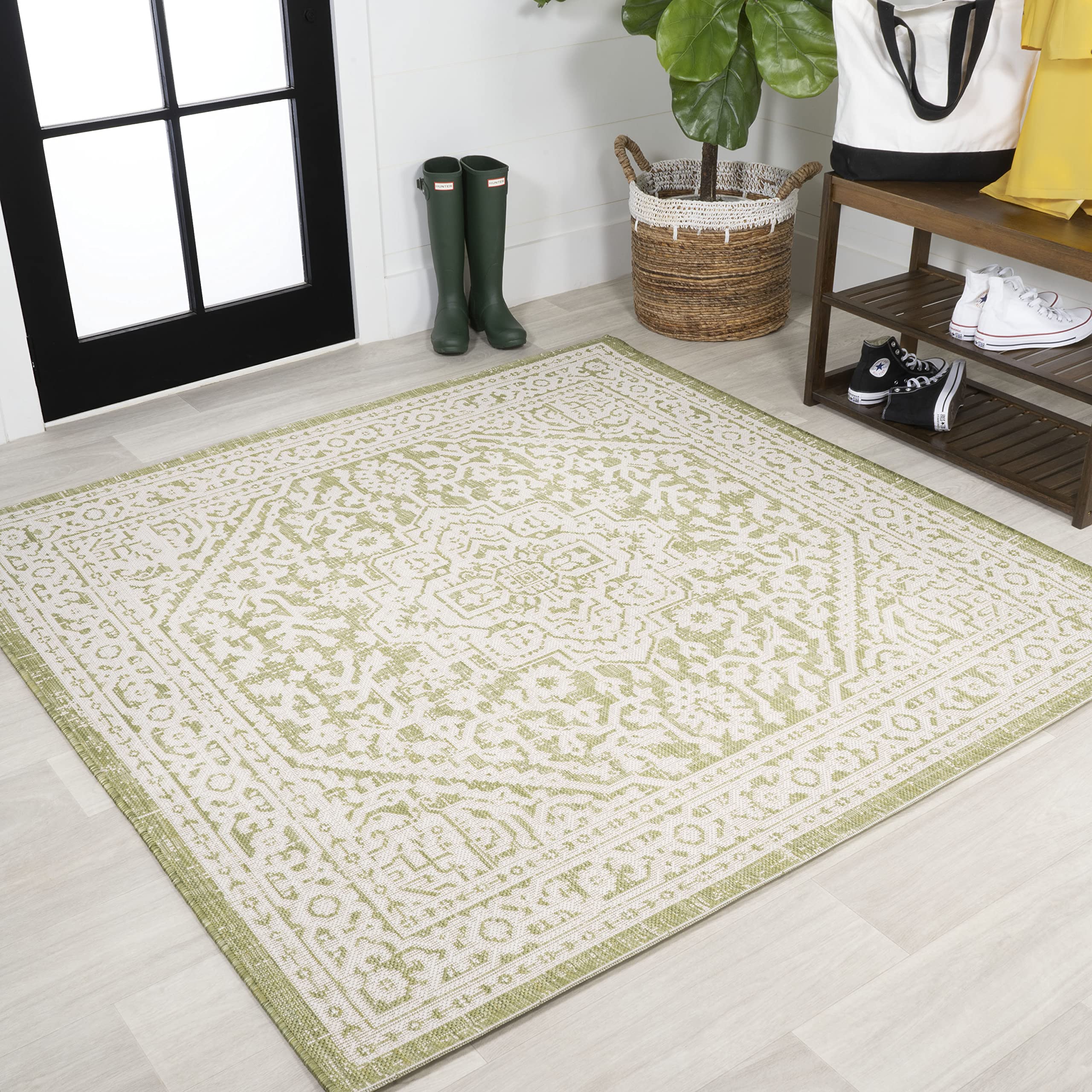 Jonathan Y Smb101E-5Sq Sinjuri Medallion Textured Weave Indoor Outdoor Area Rug, Bohemian Coastal Traditional Easy Cleaning,Bedr
