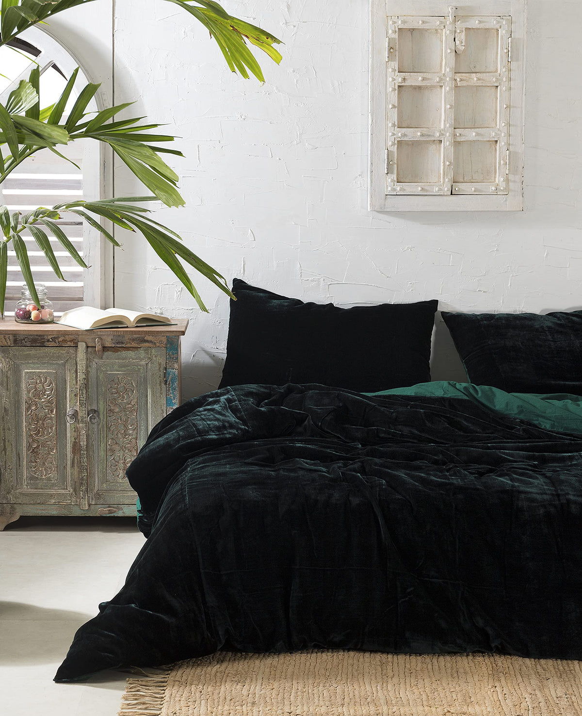Labhanshi 3 Pieces Set Luxury Crushed Emerald Green Velvet Duvet Cover Boho Bedding Uo Comforter Cover Donna Cover Quilt Cover D