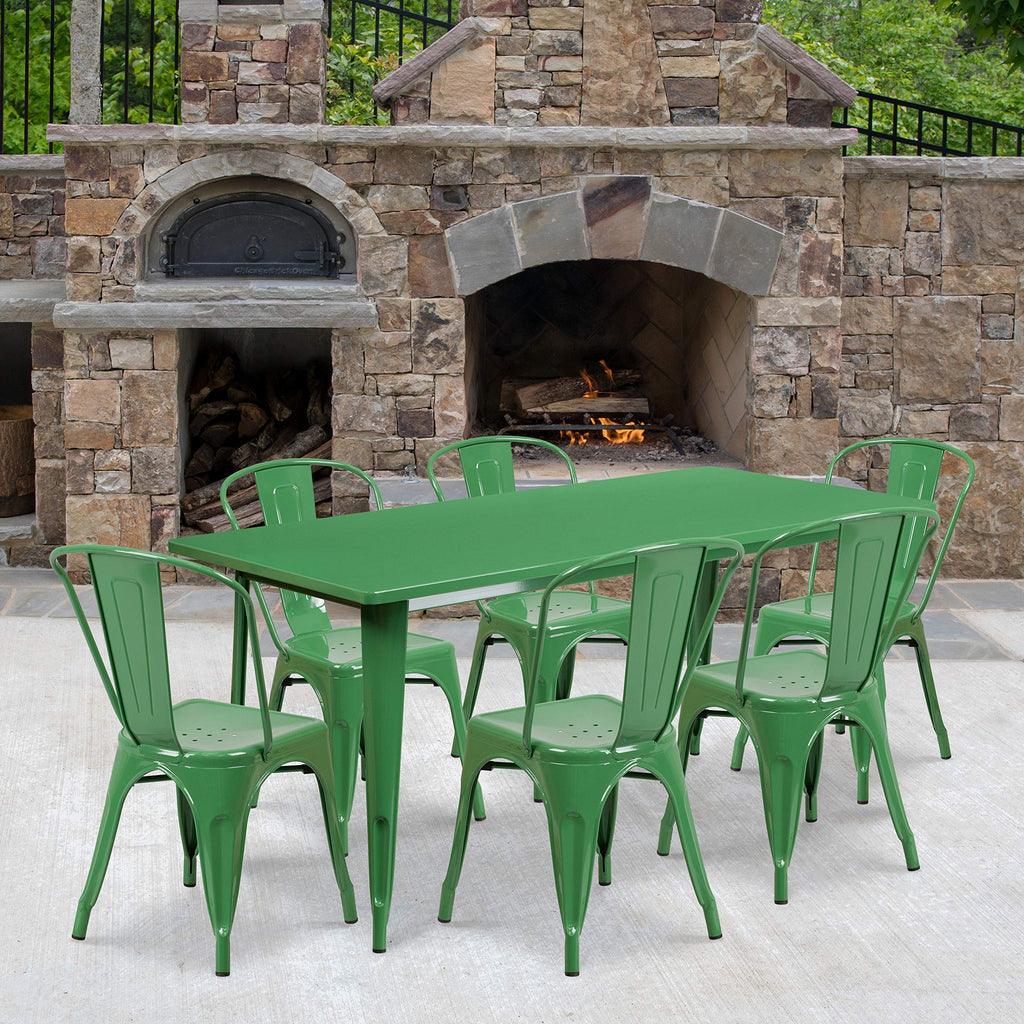Flash Furniture Commercial Grade 31.5" x 63" Rectangular Green Metal Indoor-Outdoor Table Set with 6 Stack Chairs