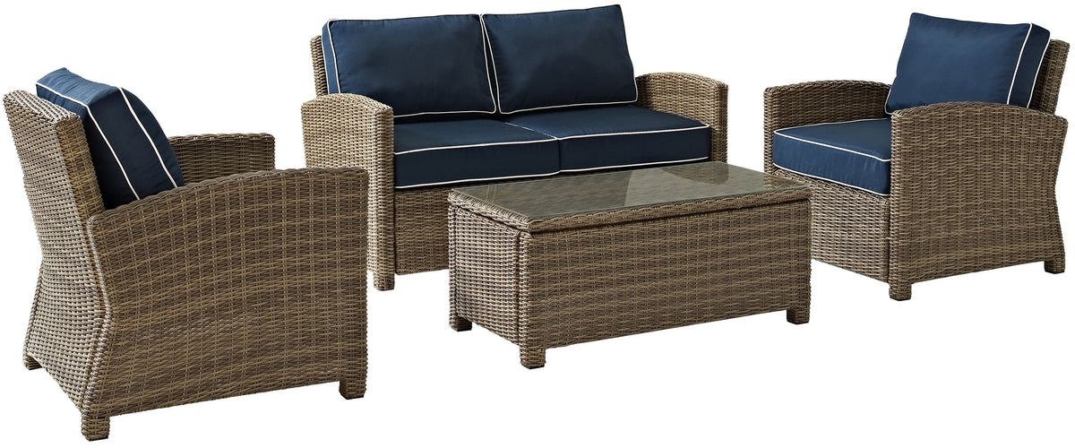 Crosley Furniture Bradenton 4-Piece Outdoor Loveseat Patio Furniture Set, Wicker Conversation Sets for Porch, Brown with Navy Cushions