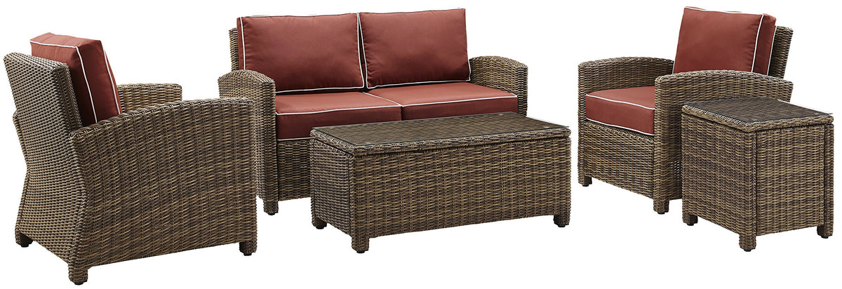 Crosley Furniture Bradenton 5-Piece Outdoor Loveseat Patio Furniture Set, Wicker Conversation Sets for Porch, Brown with Sangria Cushions