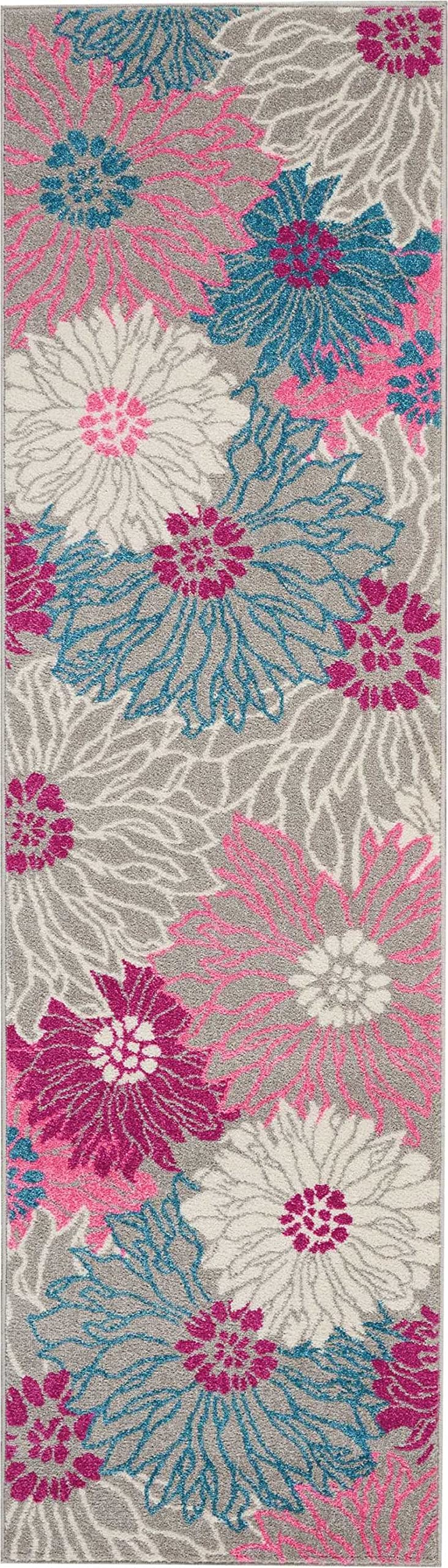 HomeRoots Grey 100% Polypropylene 2’ x 8’ Gray and Pink Tropical Flower Runner Rug