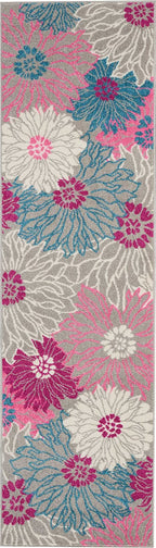 HomeRoots Grey 100% Polypropylene 2’ x 8’ Gray and Pink Tropical Flower Runner Rug