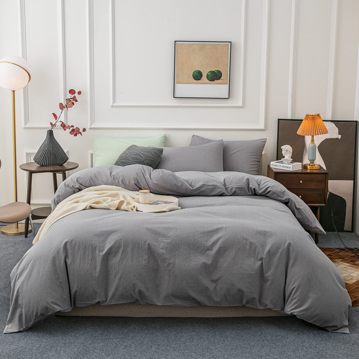 Janlive Washed Cotton Duvet Cover Queen Ultra Soft 100% Cotton Solid Color Light Grey Duvet Cover Set With Zipper Closure -3 Pie