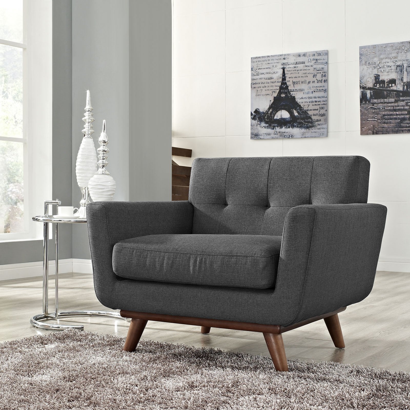 Modway Engage Mid-Century Modern Upholstered Fabric Accent Arm Lounge Chair, Wood in Gray, Armchair