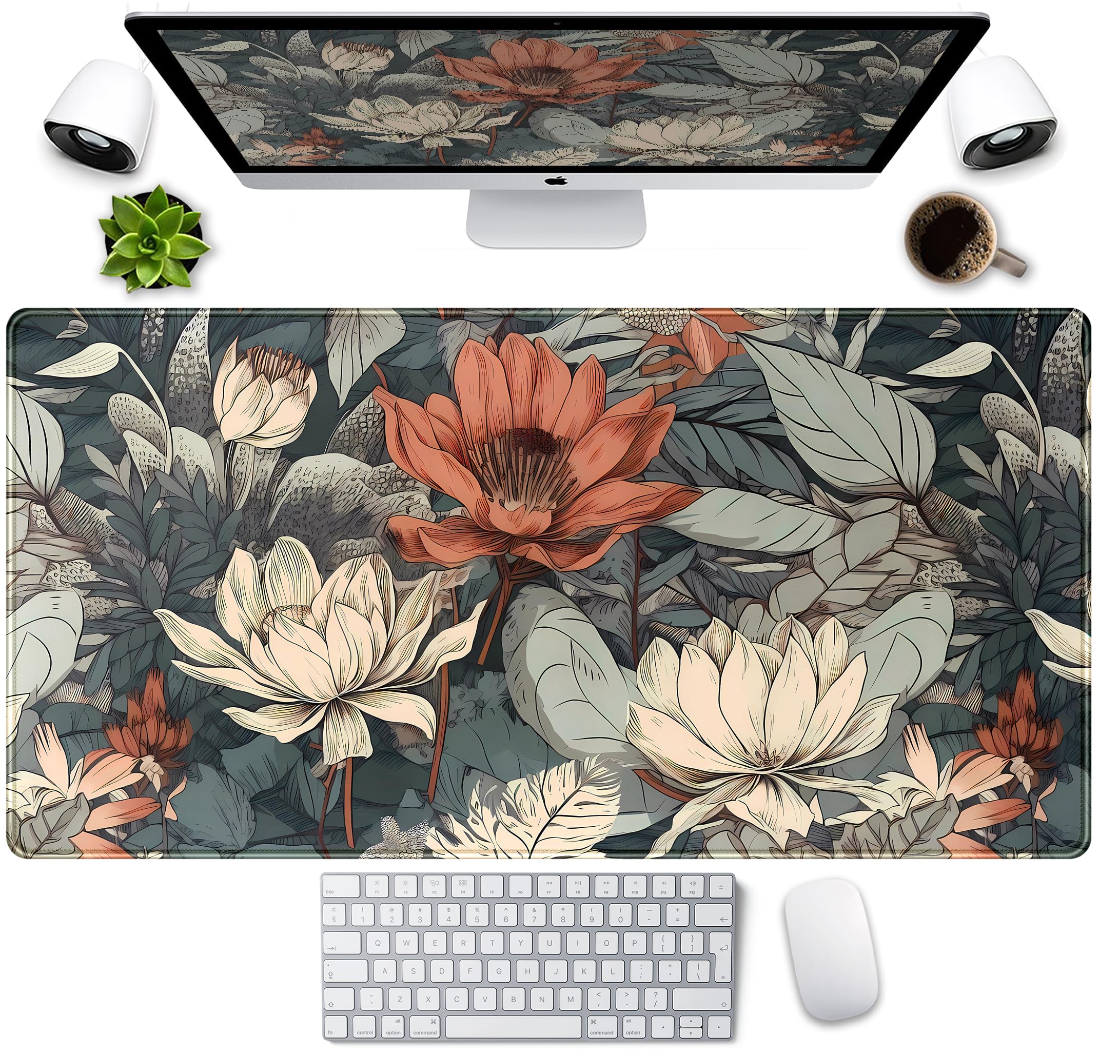 Vintage Floral Desk Mat Xxl Large Gaming Mouse Pad Extended Desk Pad, Tropical Plants Laptop Keyboard Mouse Mat With Stitched Ed