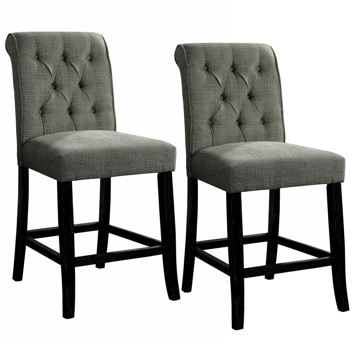 Benjara, Gray Wooden Bar Height Dining Chairs With Button Tufting, Set Of 2