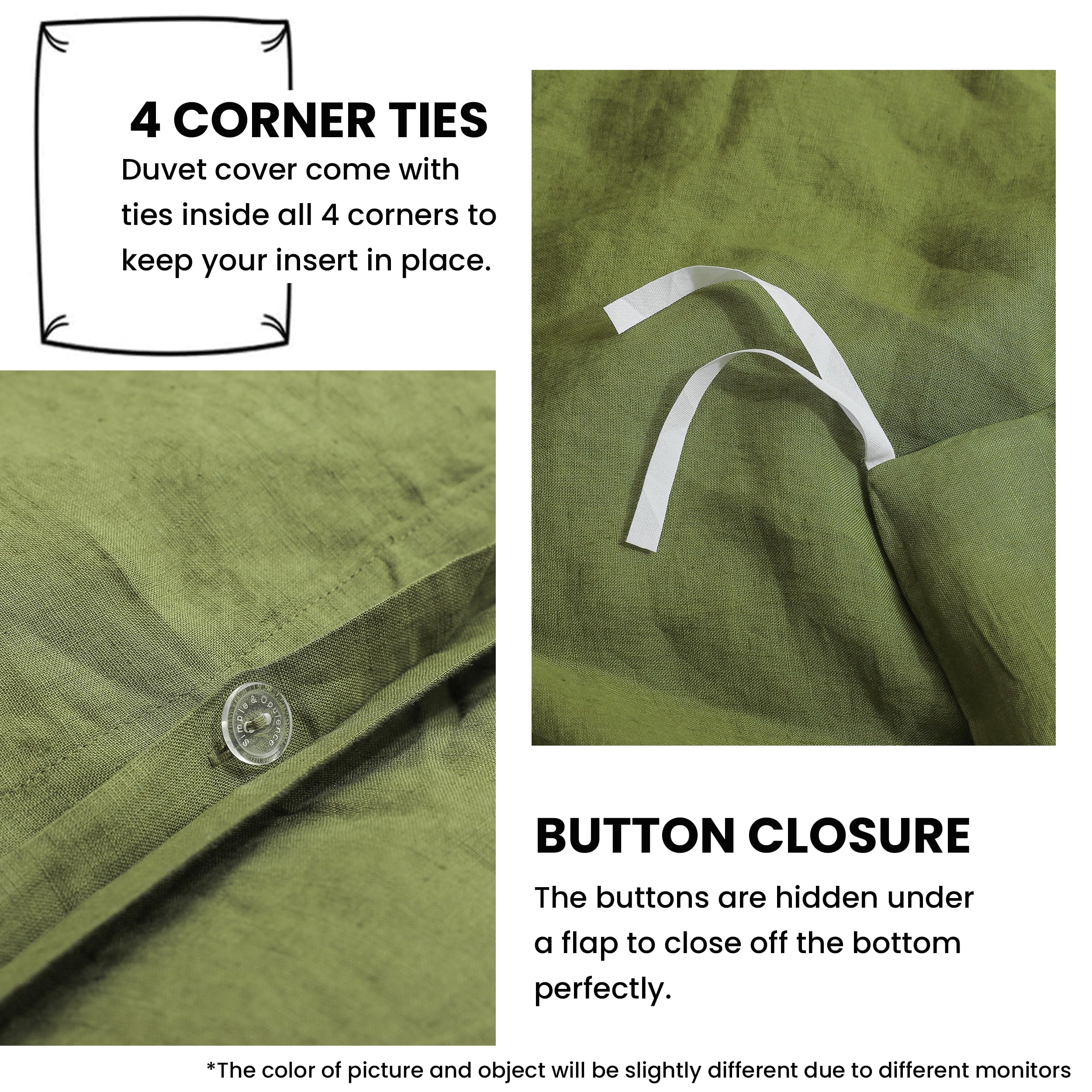 Simple&Opulence 100% Linen Duvet Cover Set With Embroidery Washed - 3 Pieces (1 Duvet Cover & 2 Pillow Shams) With Button Closure Soft Breathable Farmhouse - Olive, California King Size