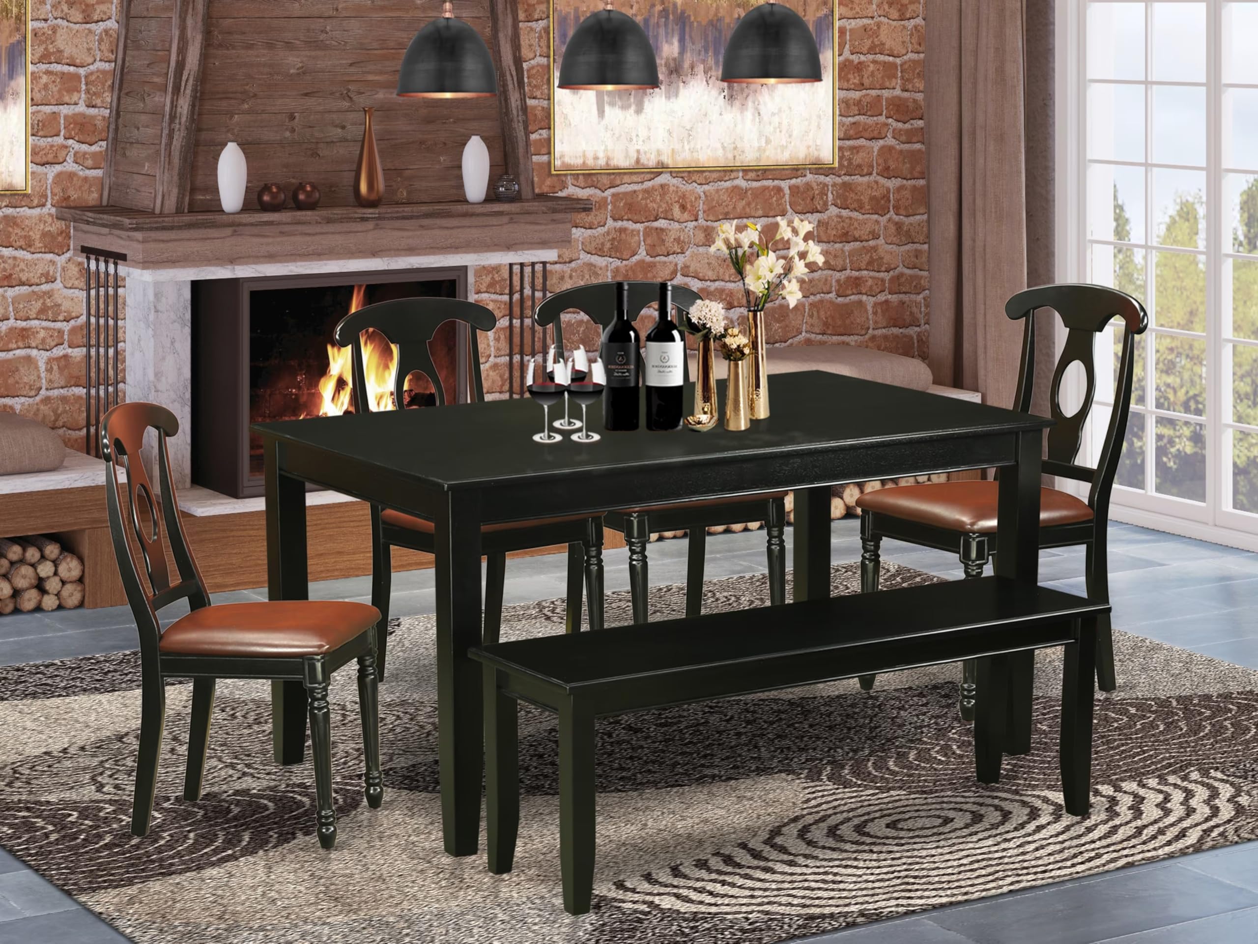 East West Furniture DUKE6-BLK-LC 6 Piece Modern Dining Table Set Contains a Rectangle Wooden Table and 4 Faux Leather Dining Chairs with a Bench, 36x60 Inch, Black