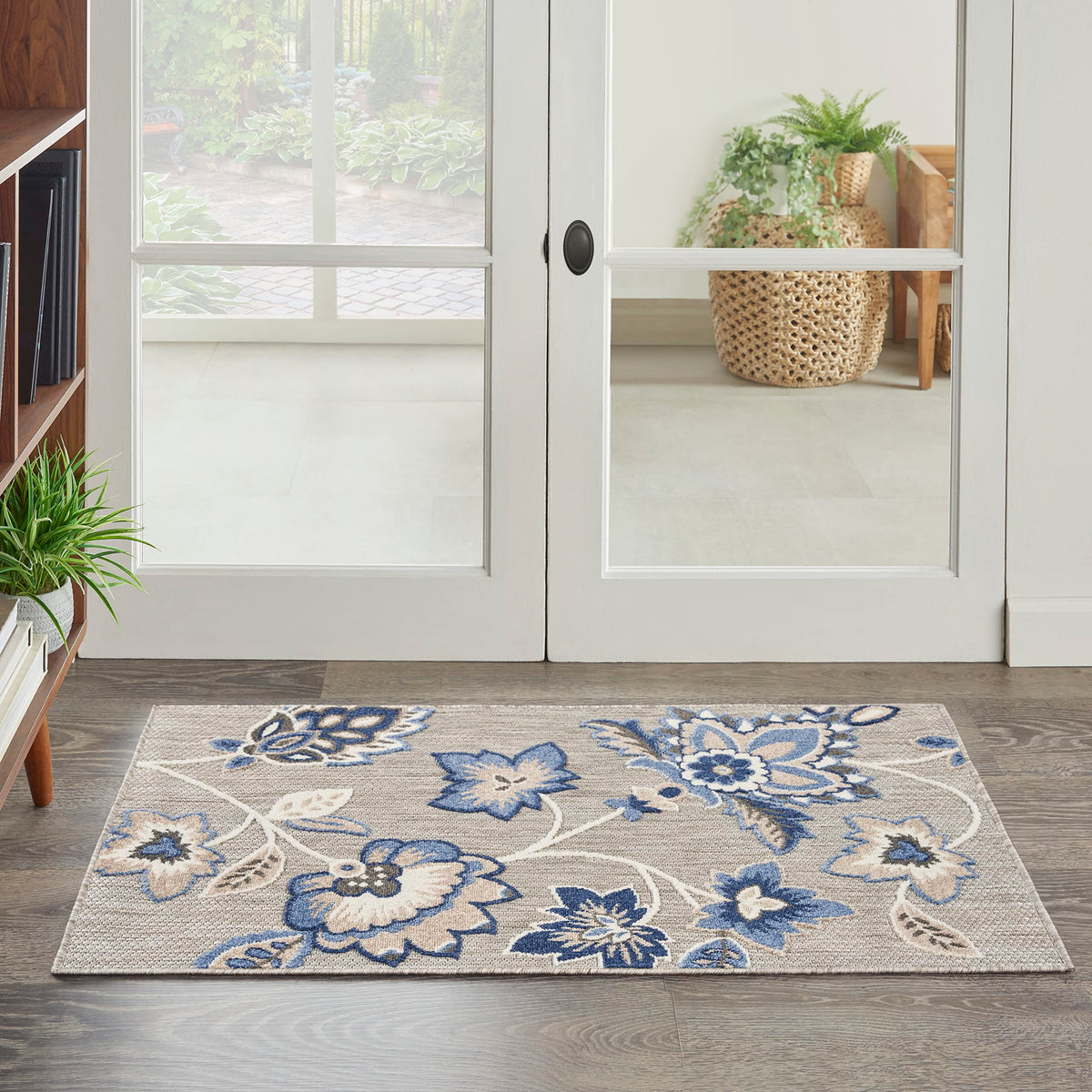 Nourison Aloha Indoor/Outdoor Modern Blue Grey 2'8' X 4' Area Rug, Easy Cleaning, Non Shedding, Bed Room, Living Room, Dining Room, Backyard, Deck, Patio (3X4)