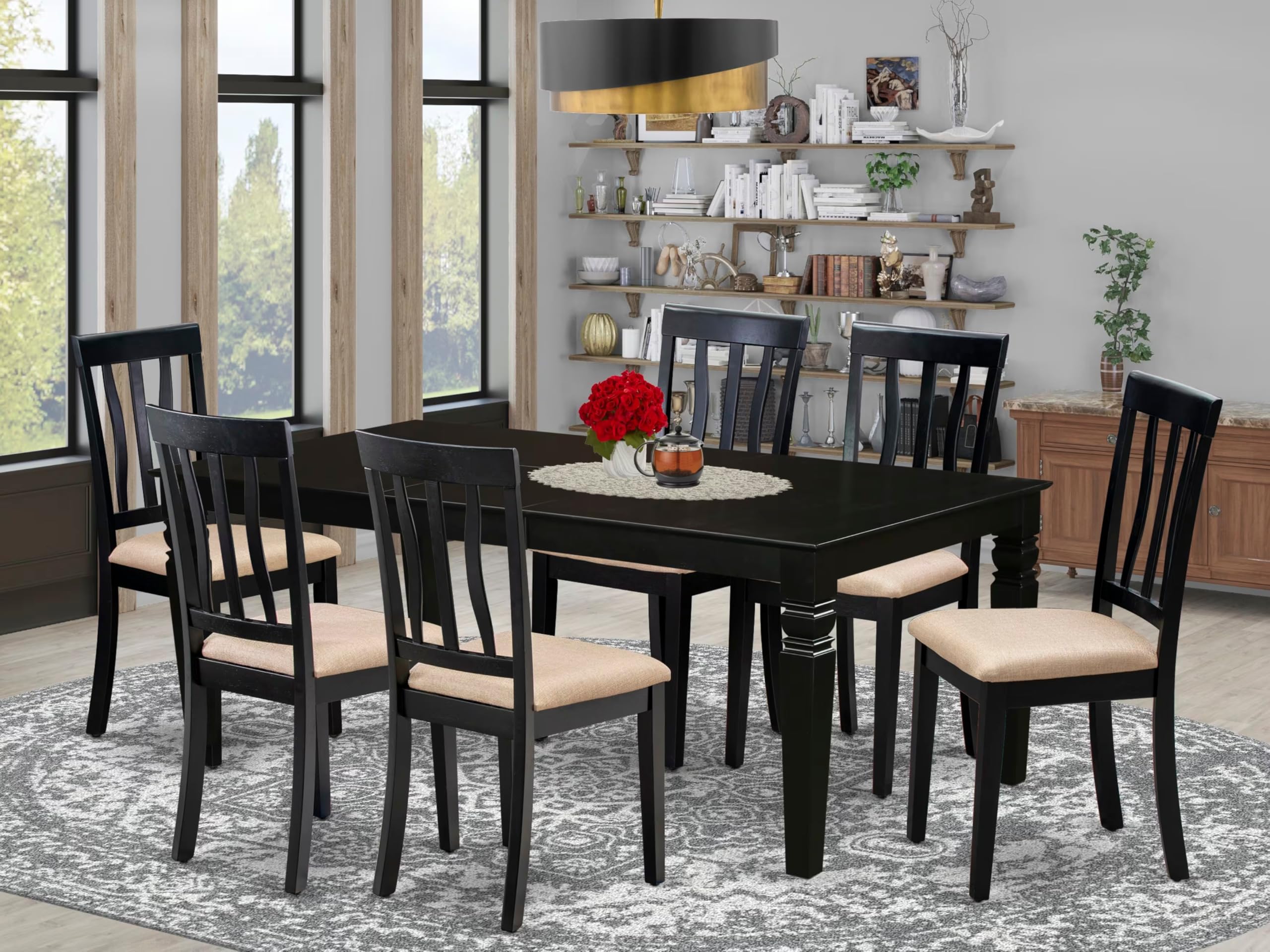 East West Furniture LGAN7-BLK-C 7 Piece Kitchen Table Set Consist of a Rectangle Dining Table with Butterfly Leaf and 6 Linen Fabric Dining Room Chairs, 42x84 Inch, Black