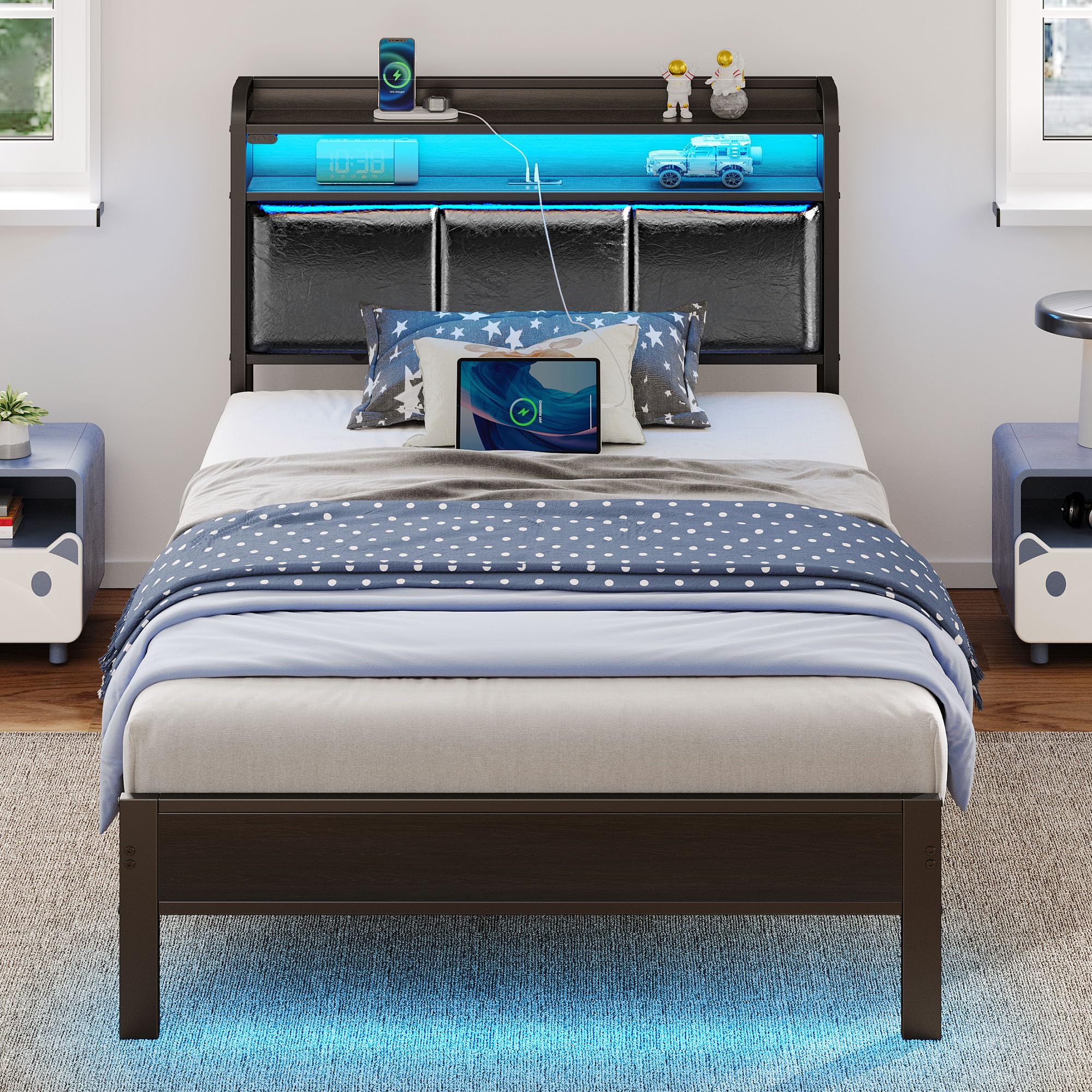 Rolanstar Bed Frame Twin Size With Charging Station And Led Lights, Pu Leather Headboard With Storage Shelves, Heavy Duty Metal Slats, No Box Spring Need, Noise Free, Easy Assembly, Black