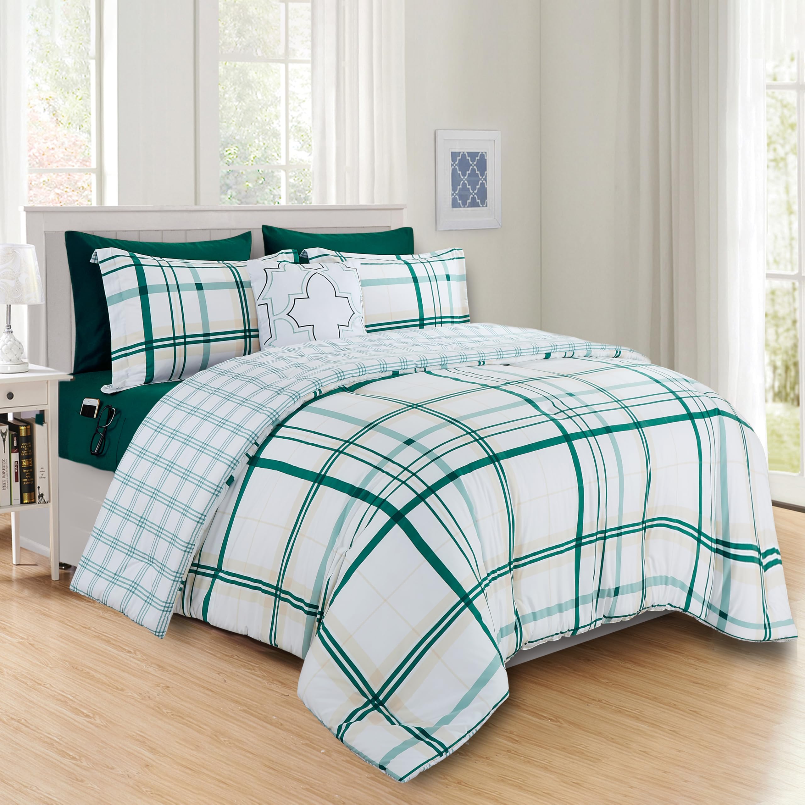 Elegant Comfort 8- Piece Lodge Plaid Reversible Comforter Set Bed-In-A-Bag Set - Silky Soft Complete Set Includes Bed Sheet Set With Double Sided Storage Pockets, Full/Queen, Emerald Green