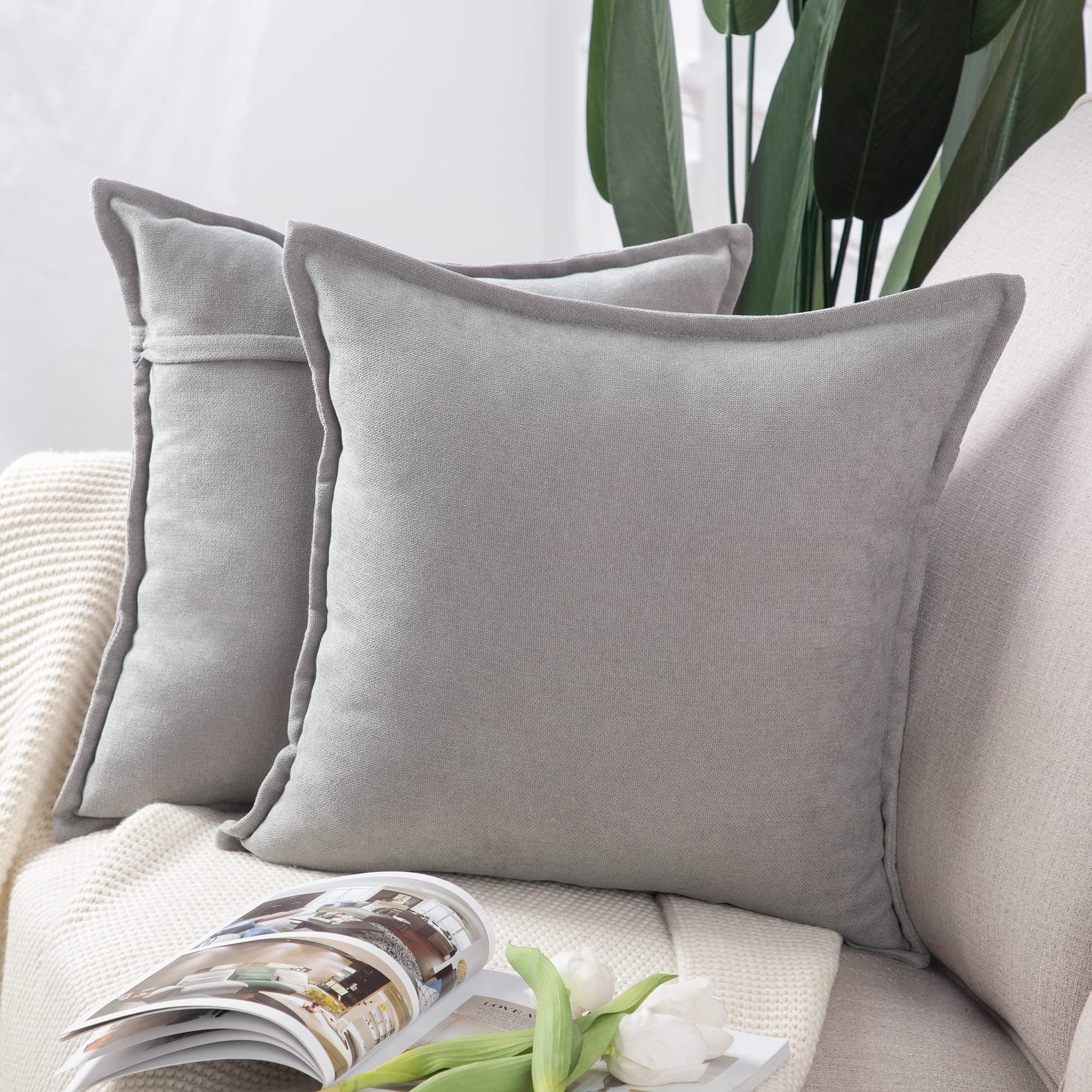 Madizz Set Of 2 Short Chenille Throw Pillow Covers 22X22 Inch Light Grey Soft Decorative Cushion Cover For Sofa Bedroom Pillow S