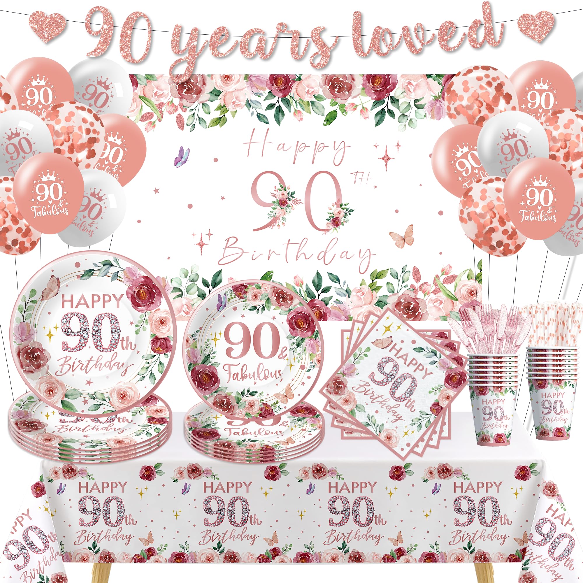 FVABO 90th Birthday Decorations for Women, Rose Gold Fabulous Happy 90th Birthday Party Supplies, Paper Plate, Napkin, Cup, Back