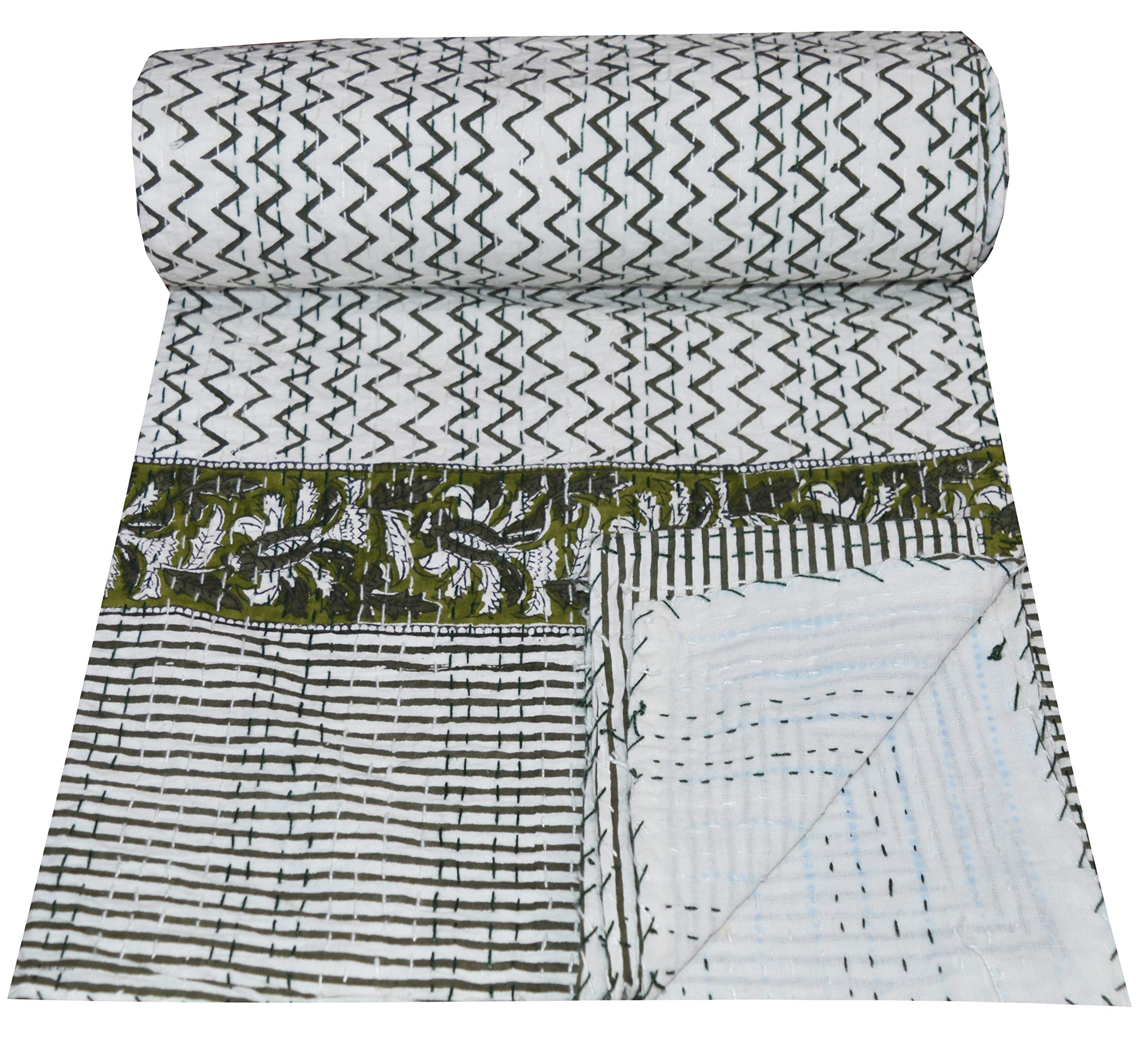 V Vedant Designs Twin Size Hand Block Print Kantha Quilt Throw Indian Handmade Bedding Bedspread Quilt