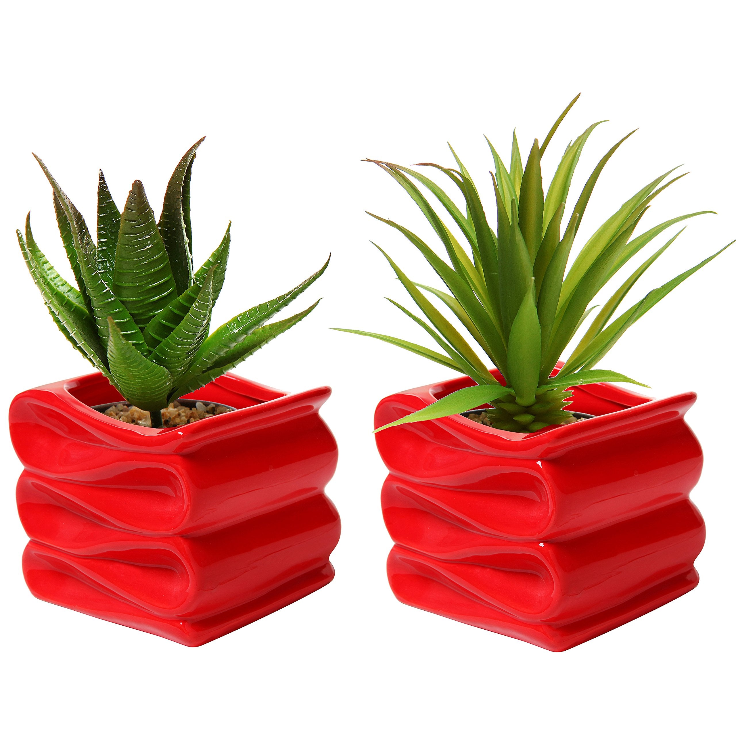 Mygift 4-Inch Red Ceramic Indoor Small Plant Pot, Mini Modern Decorative Planters With Candy Ribbon Design, Set Of 2