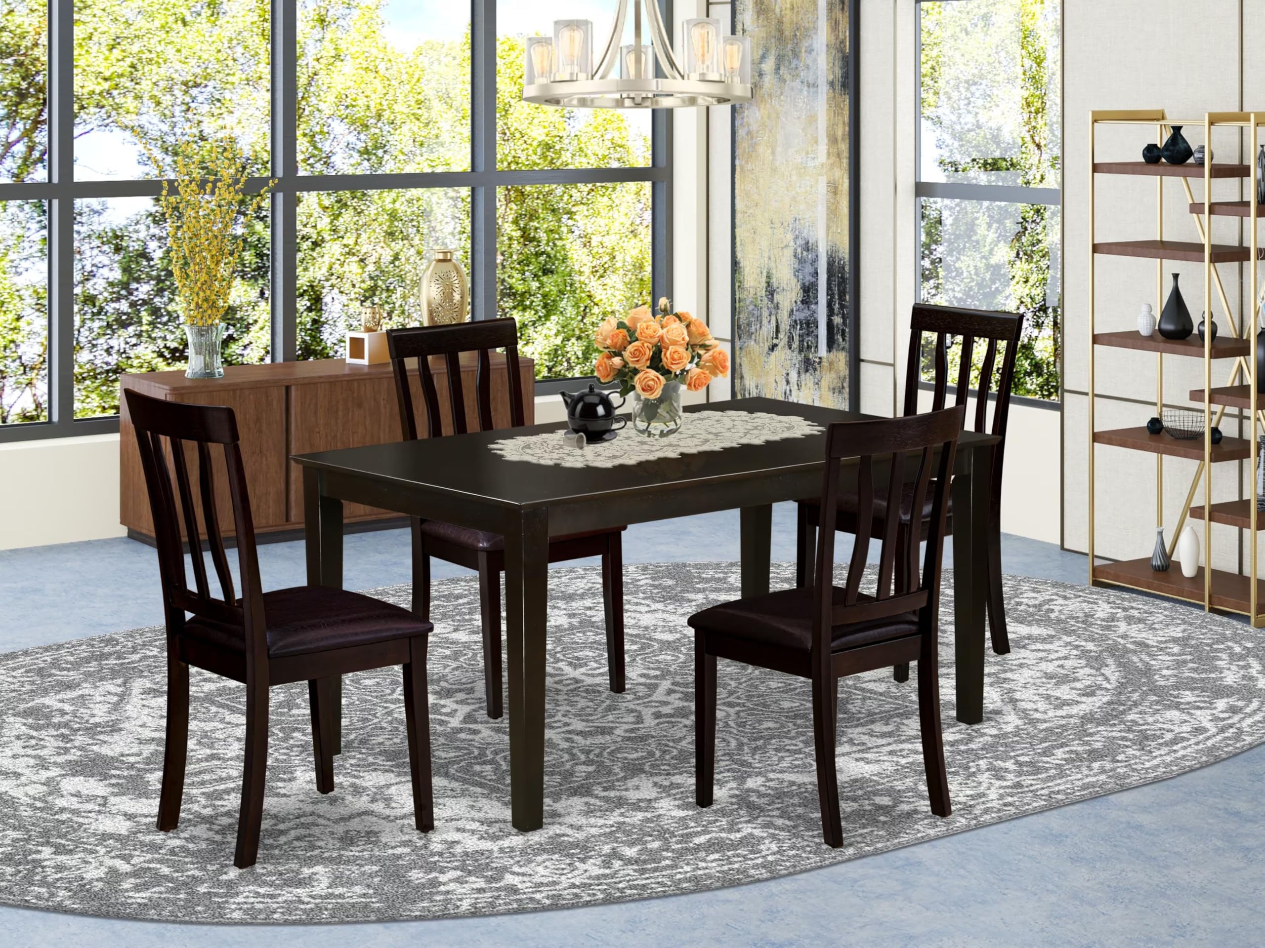 East West Furniture CAAN5-CAP-LC 5 Piece Kitchen Table Set for 4 Includes a Rectangle Dining Table and 4 Faux Leather Dining Room Chairs, 36x60 Inch, Cappuccino
