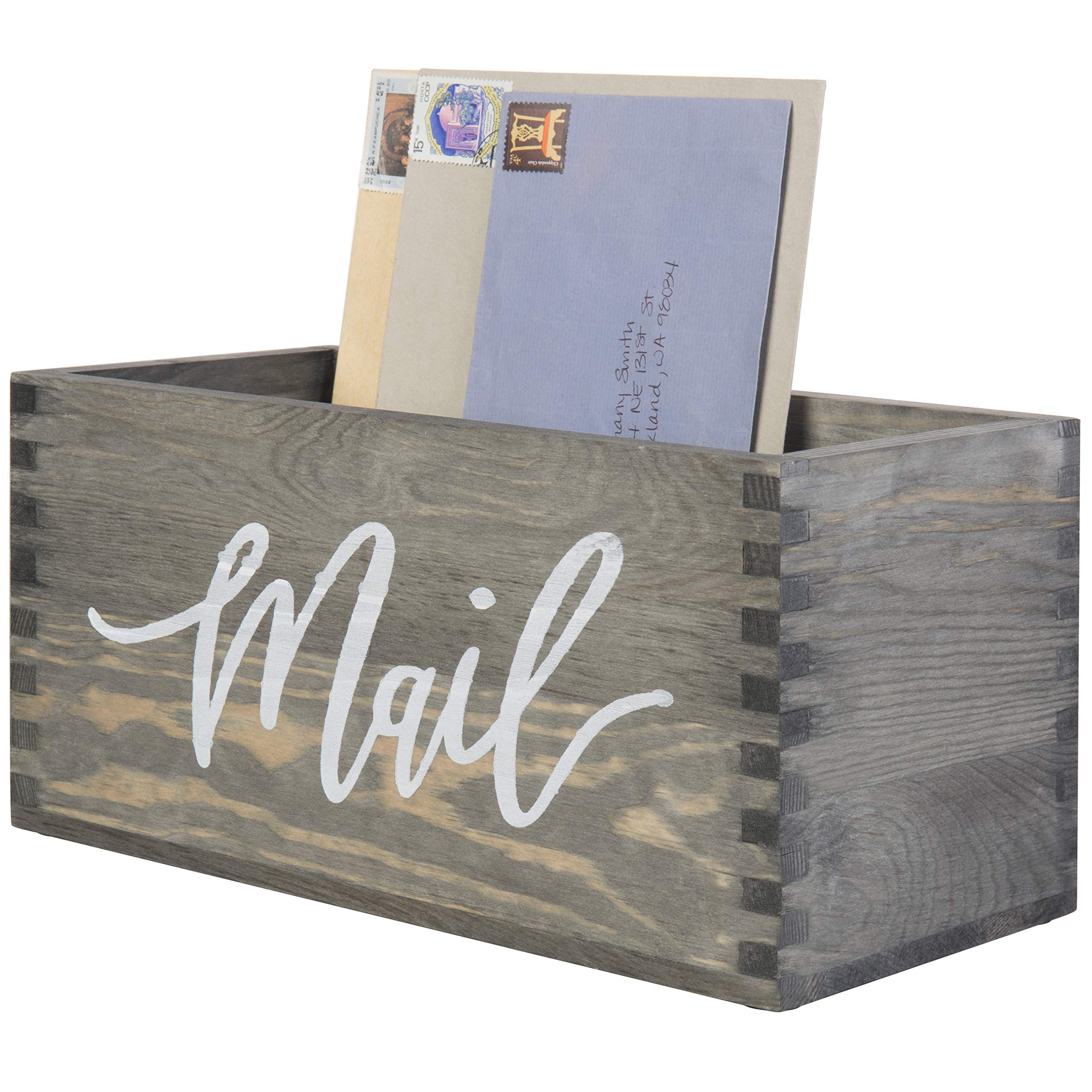 MyGift Rustic Gray Wood Desktop Mail Organizer Storage Box with Cursive Mail Design, Office Desk Letters, Postcard, Bills, Mail,