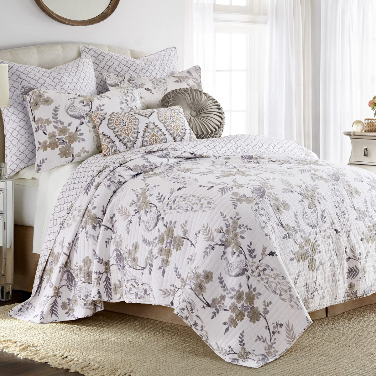 Levtex Home - Pisa Quilt Set - King/Cal King Quilt + Two King Pillow Shams - Floral Contemporary Peacock - Grey And Taupe - Quil