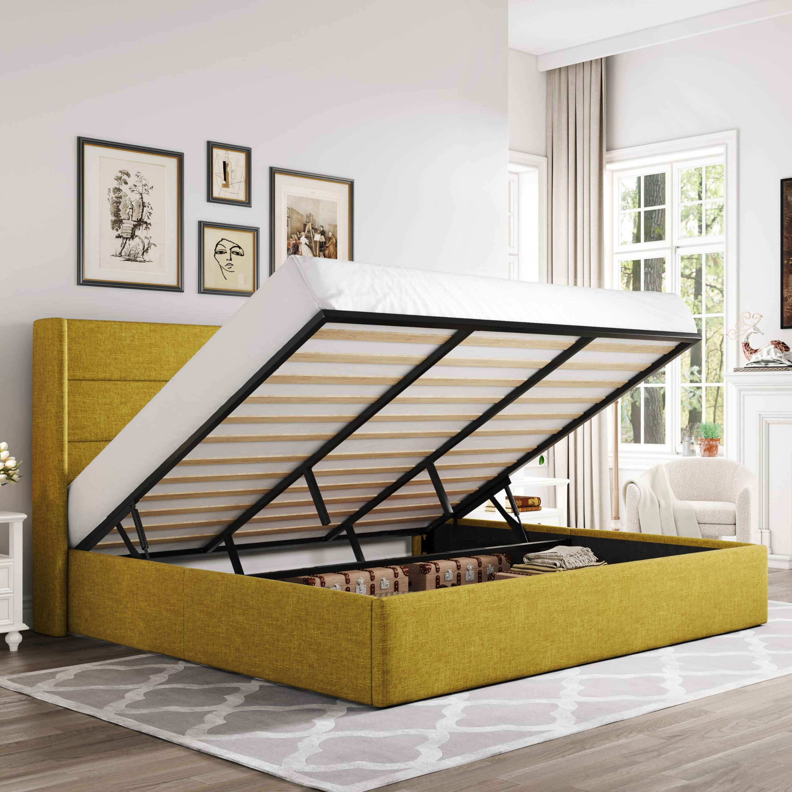 Allewie King Size Lift Up Storage Bed, Modern Wingback Headboard, Hydraulic Support, No Box Spring Needed, Olive Yellow