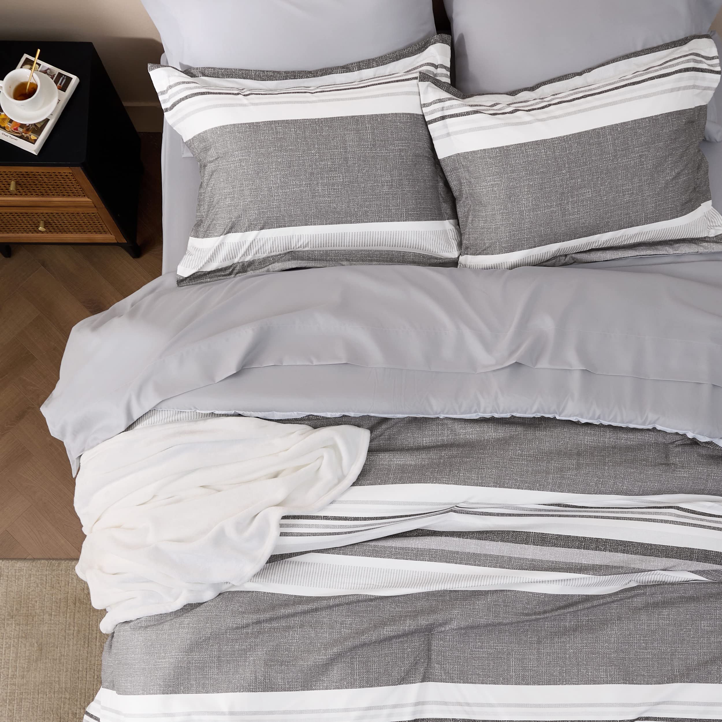 Bedsure King Comforter Set 7 Pieces, Frost Grey Striped Bedding Set For King Size Bed Reversible, Cationic Dyeing Bed In A Bag With Comforter, Sheets, Pillowcases & Shams