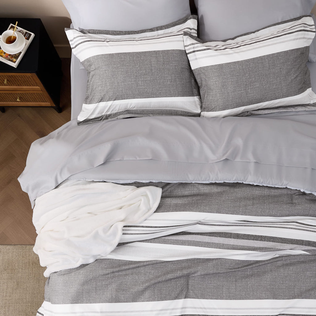 Bedsure King Comforter Set 7 Pieces, Frost Grey Striped Bedding Set For King Size Bed Reversible, Cationic Dyeing Bed In A Bag With Comforter, Sheets, Pillowcases & Shams