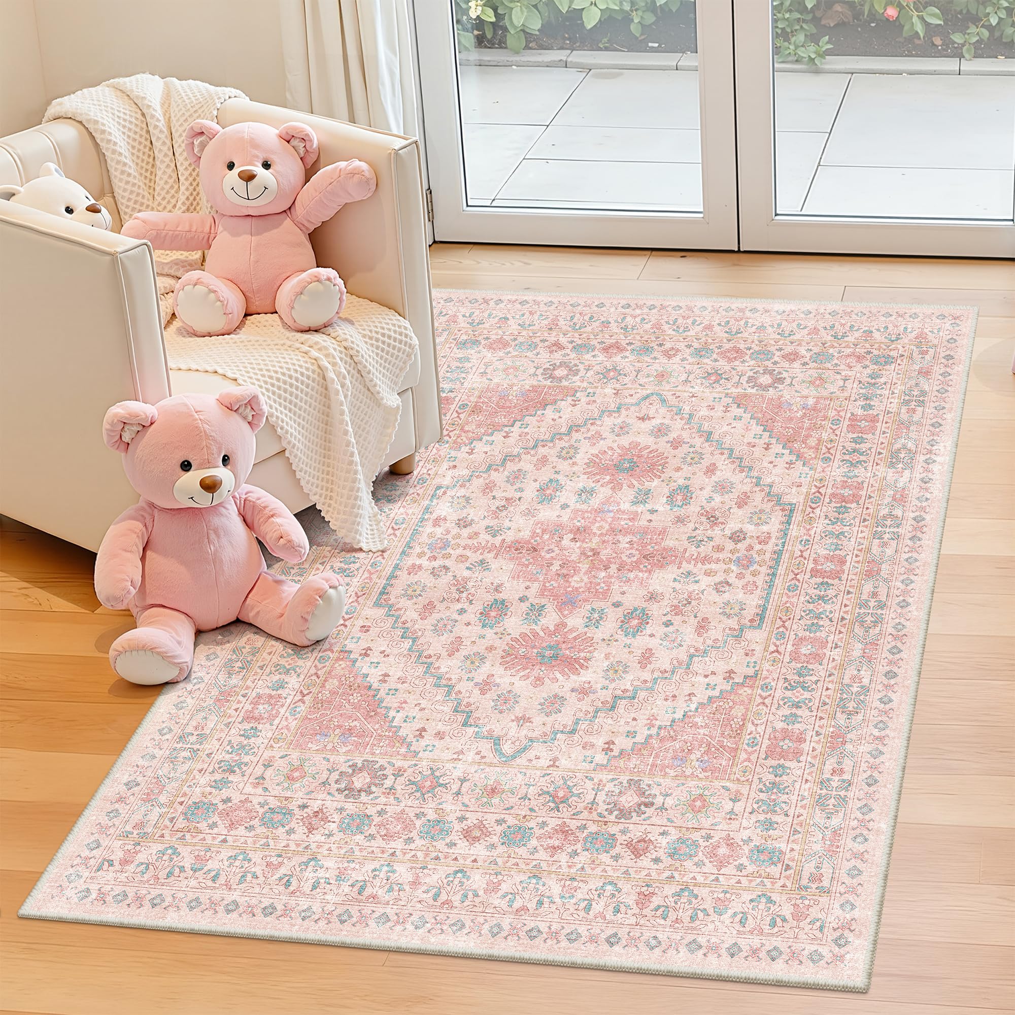 zesthome Pink Rug - 3x5 Area Rugs for Bedroom, Stain Resistant Washable Rugs for Nursery Room, Living Room, Home Decor, Girls Ru