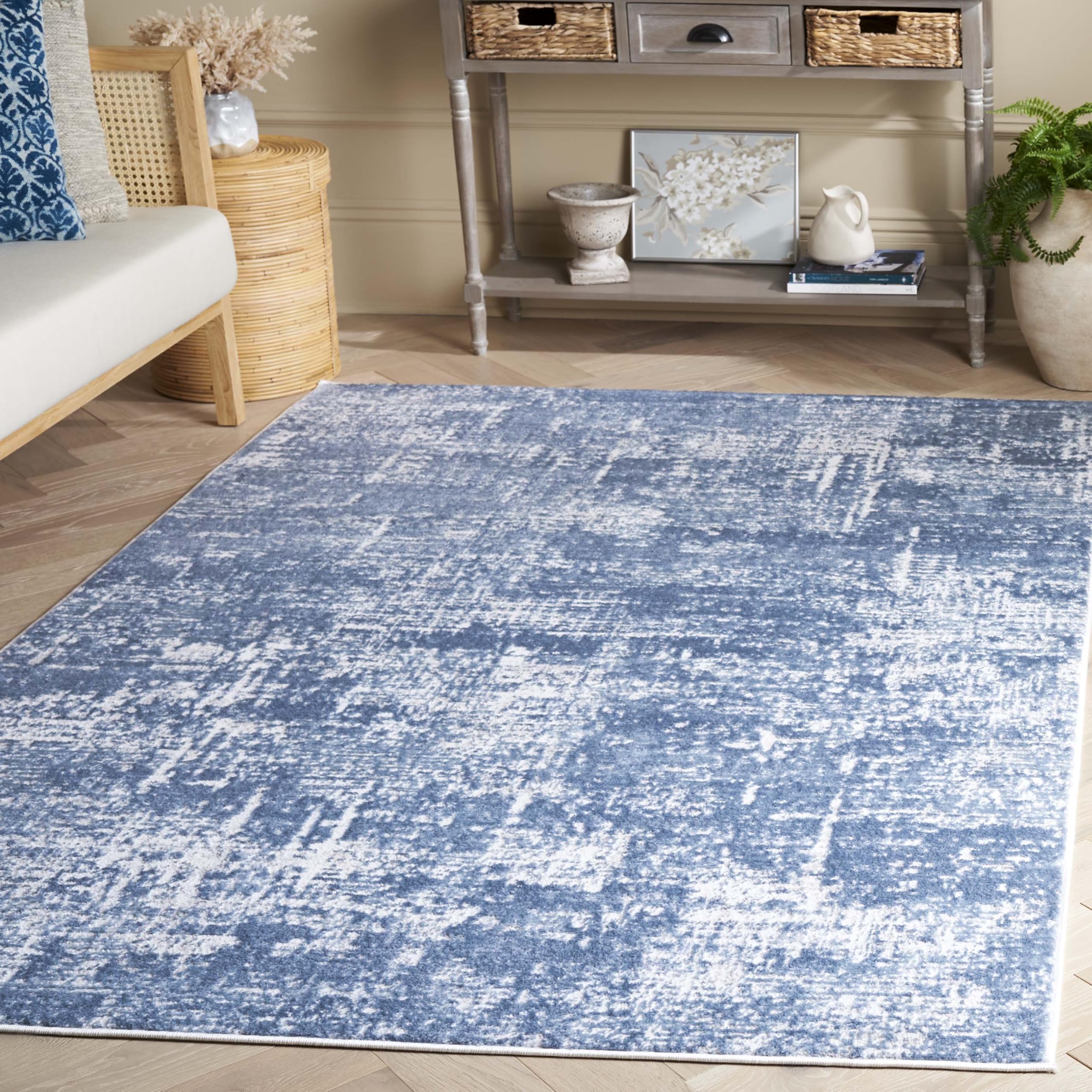 SAFAVIEH Amelia Collection Accent Rug - 4 x 6, Ivory & Steel Blue, Modern Abstract Design, Non-Shedding & Easy Care, Ideal for