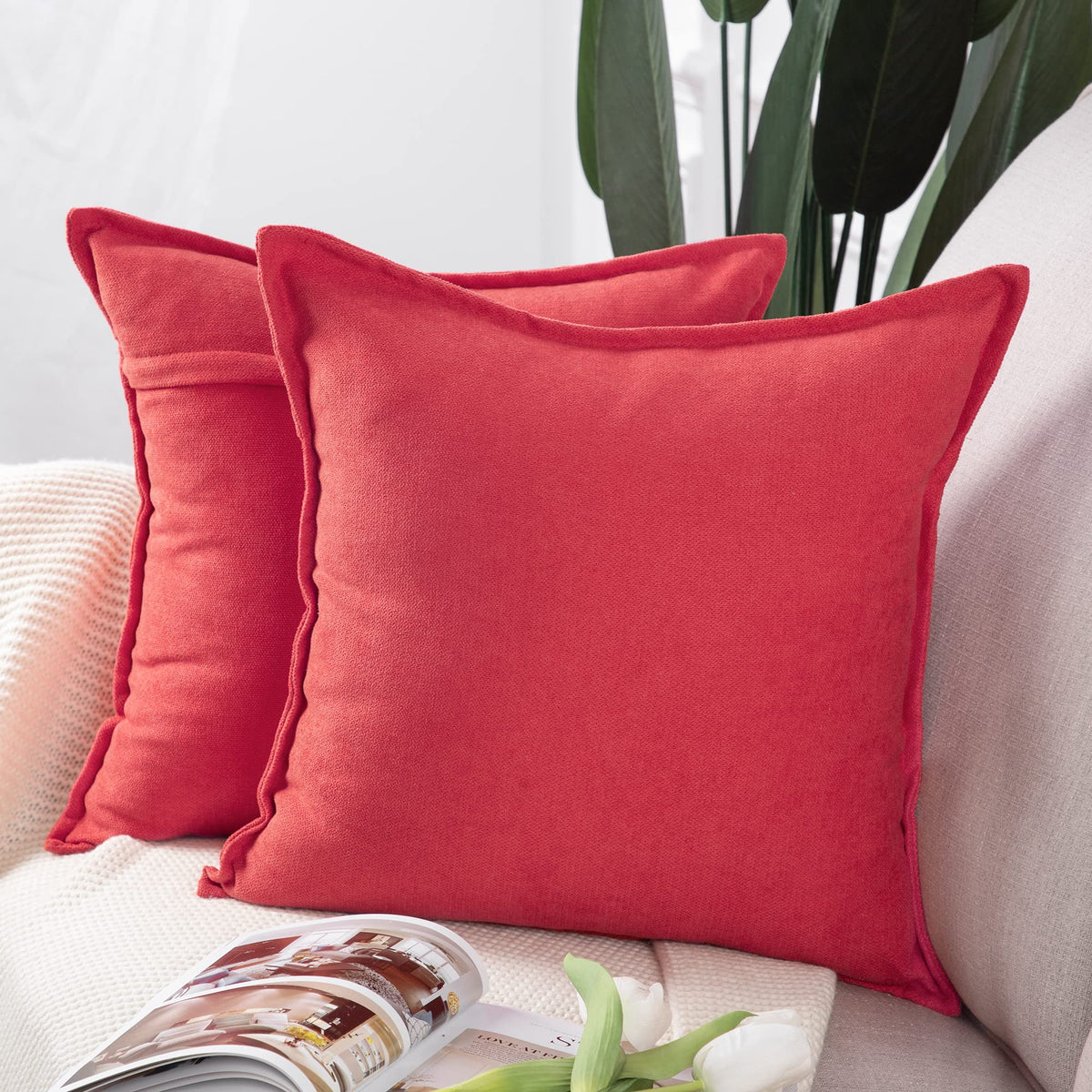 Madizz Set Of 2 Short Chenille Throw Pillow Covers 18X18 Inch Red Soft Decorative Cushion Cover For Sofa Bedroom Pillow Shell