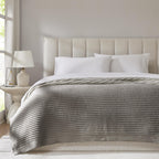 R.Share Grey Ribbed Throw Blanket 50X70 Inch Reversible, Feather Knit Microfiber Soft Comfy Cozy Lightweight Fluffy Fuzzy Warm C