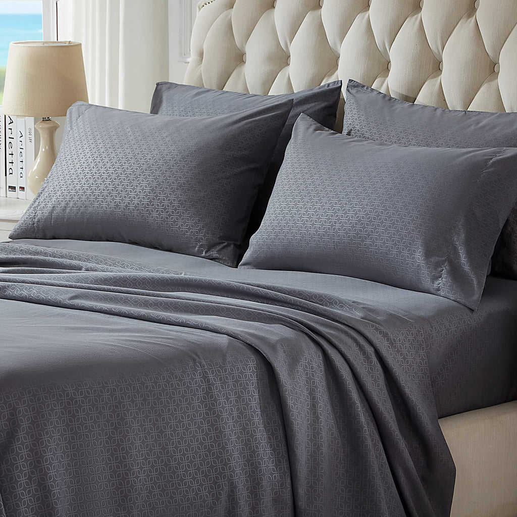 Sleep Zone Luxury Embossed Bed Sheets Set King Size, Four-Leaf Clover Pattern Sheet & Pillowcase Sets 4 Piece - Super Soft, Wrinkle Free, Fade Resistant, Deep Pocket 16' (Gray, King)