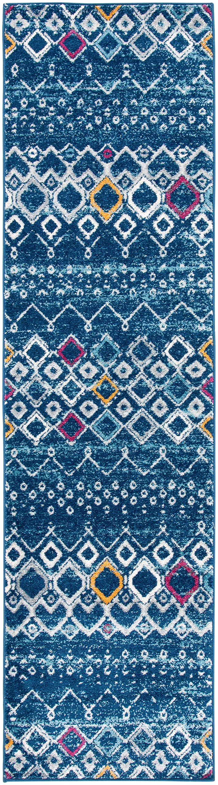 SAFAVIEH Amsterdam Collection Runner Rug - 2'3'' x 6', Navy & Turquoise, Moroccan Boho Design, Non-Shedding & Easy Care, Ideal f