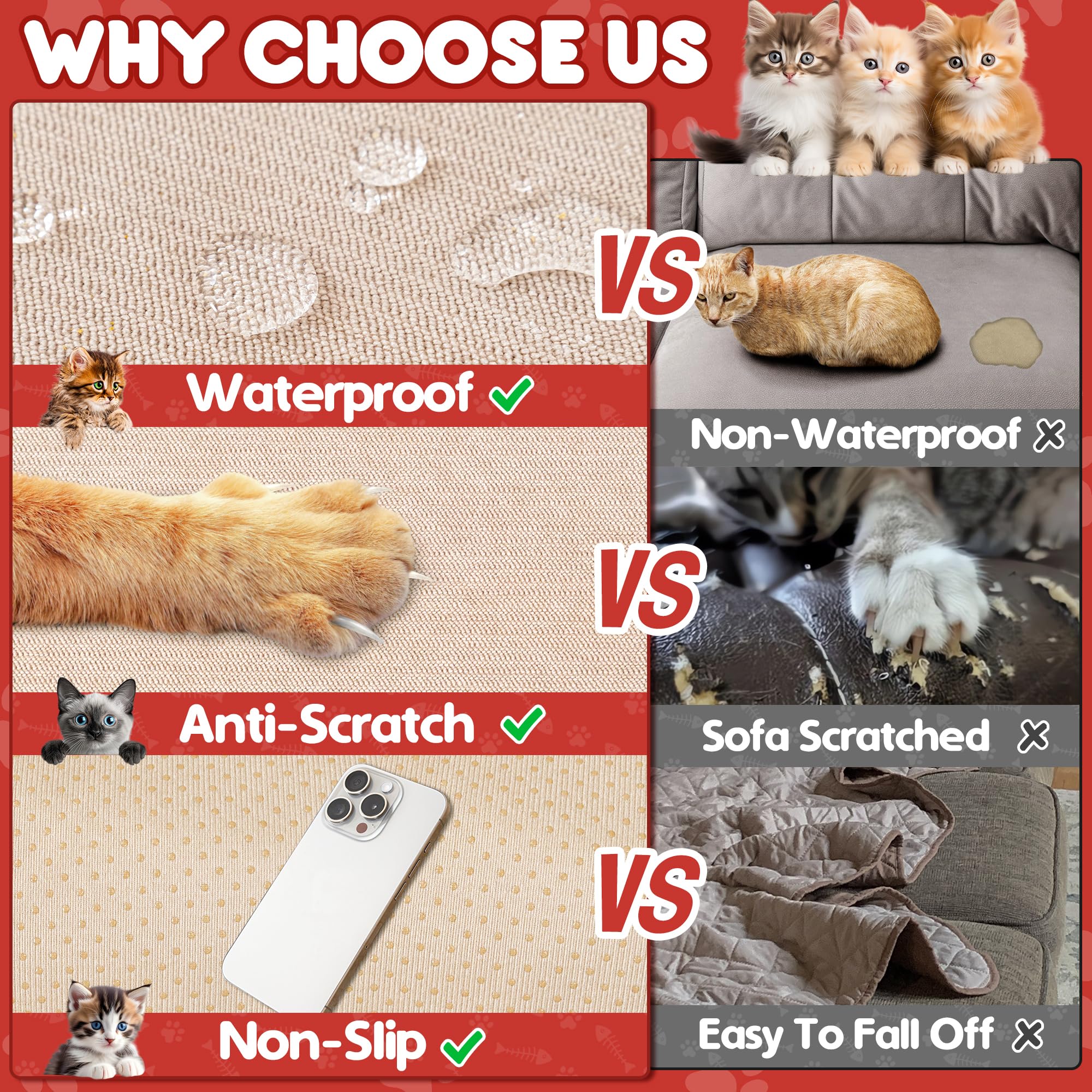 Cat Scratch Furniture Protector - Anti-Slip, Waterproof Sofa Cover To Keep Cats Off, Pet-Friendly Couch Protectors For 3 Cushion