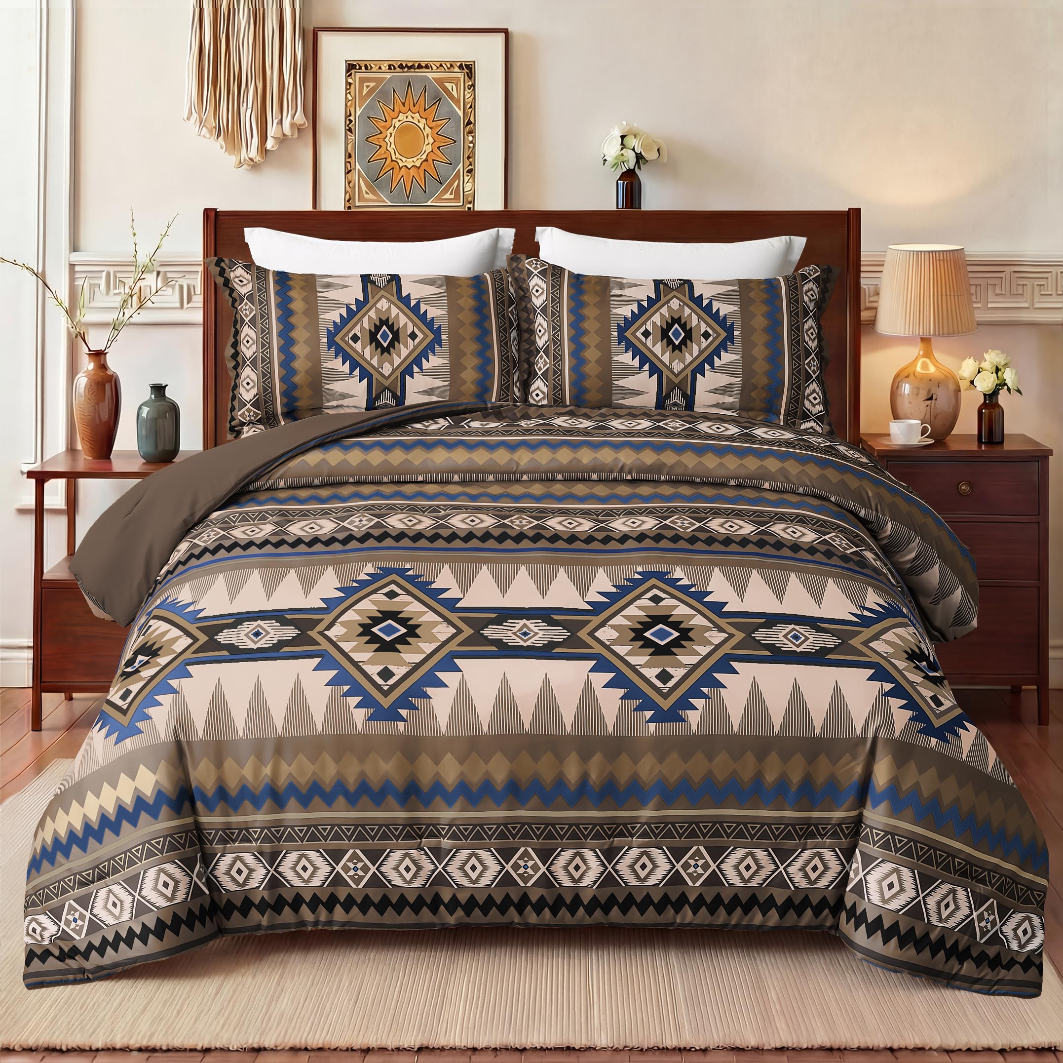 Tyrot Aztec Comforter Bedding Set With Pillow Shams For All Season, Dark Brown, Queen Size