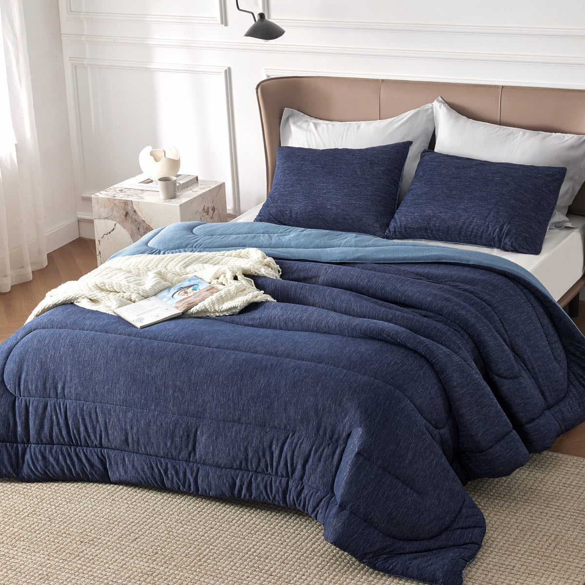 Bedsure King Comforter Set - Cooling And Warm Bed Set, Navy Blue Reversible All Season Cooling Comforter, 3 Pieces, 1 King Size