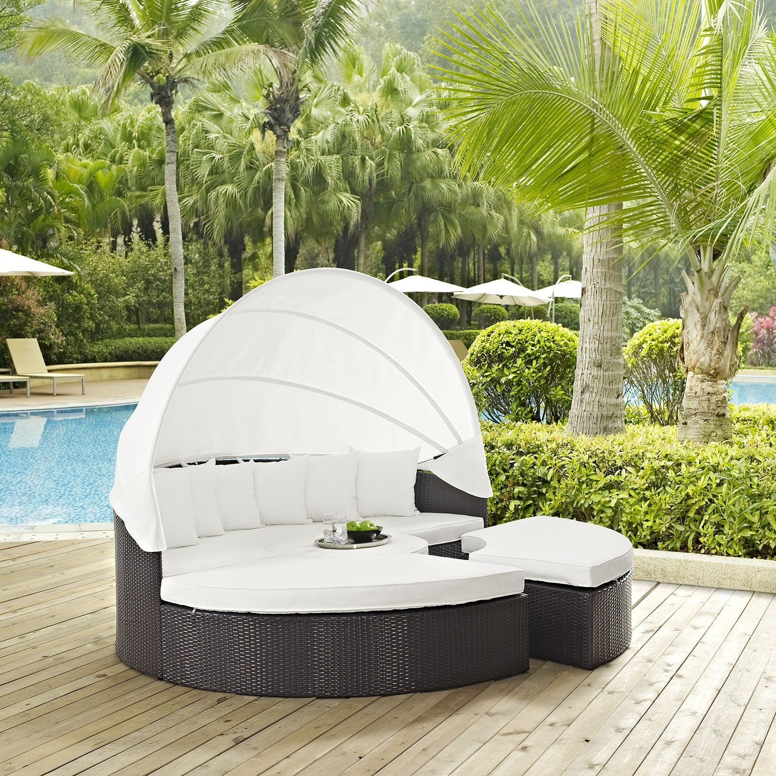 Modway Quest Wicker Rattan Outdoor Patio Canopy Sectional Daybed in Espresso White