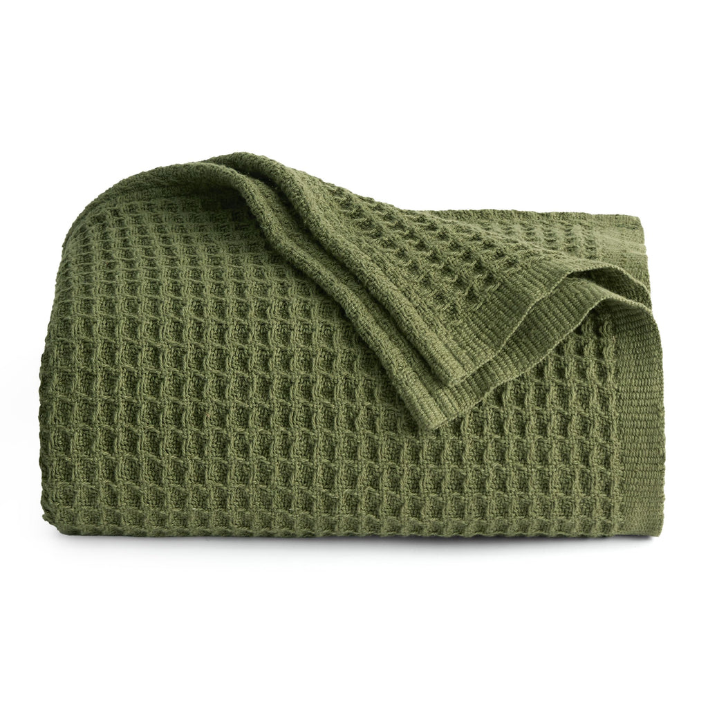Bedsure 100% Cotton Large Throw Blanket For Couch - Waffle Weave Olive Green Throw Blanket For Bed, Lightweight And Soft Fall Th