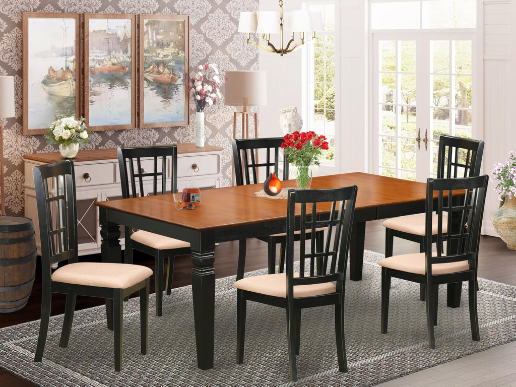 East West Furniture LGNI7-BCH-C 7 Piece Dinette Set Consist of a Rectangle Dining Room Table with Butterfly Leaf and 6 Linen Fabric Upholstered Dining Chairs, 42x84 Inch, Black & Cherry