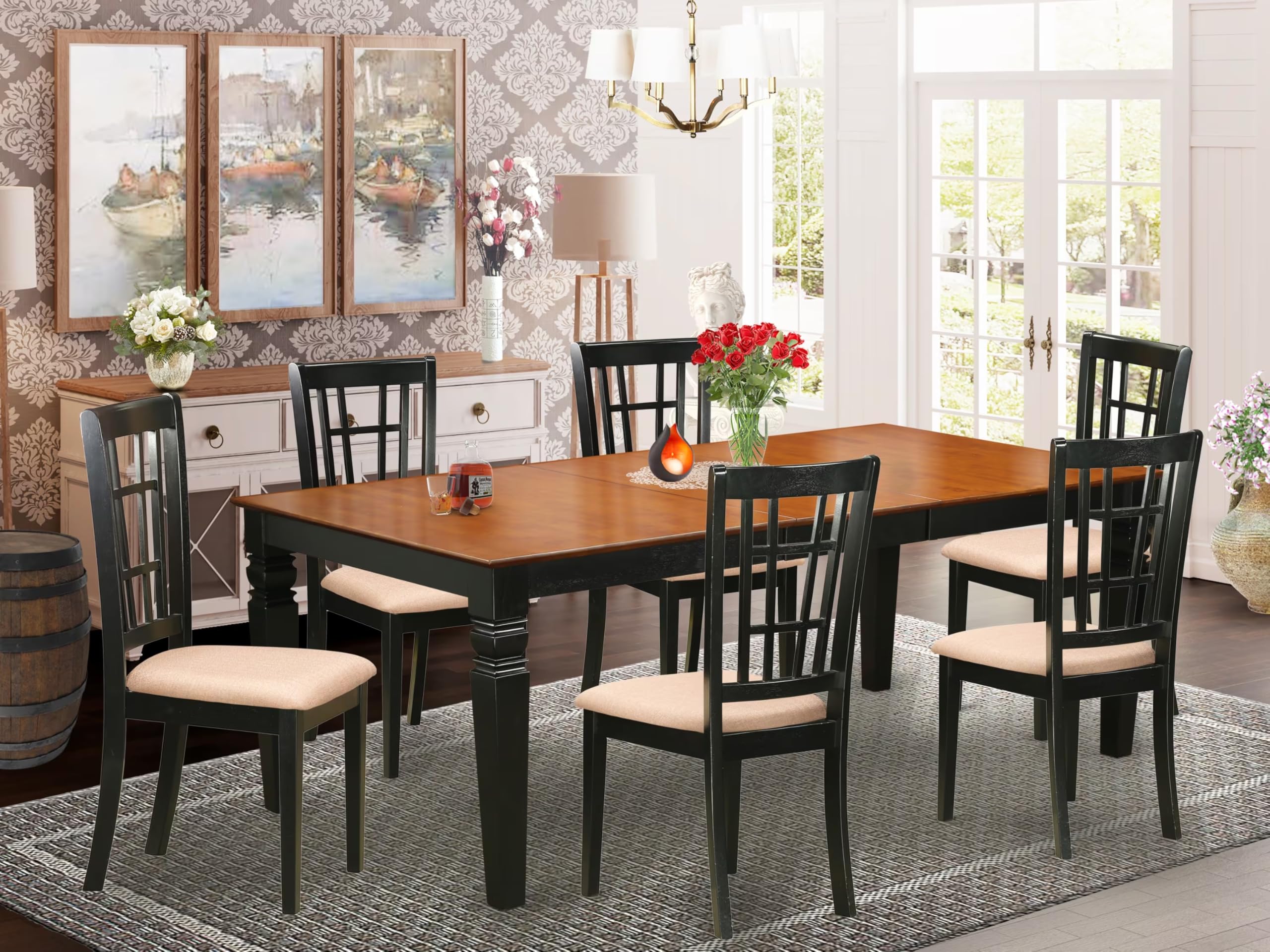 East West Furniture LGNI7-BCH-C 7 Piece Dinette Set Consist of a Rectangle Dining Room Table with Butterfly Leaf and 6 Linen Fabric Upholstered Dining Chairs, 42x84 Inch, Black & Cherry