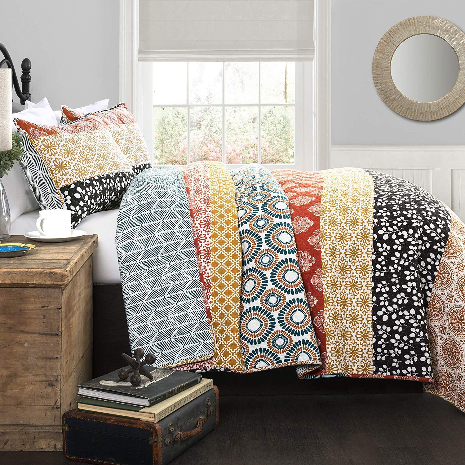 Lush Decor Bohemian Stripe Reversible Cotton Quilt Set, 3 Piece Set, King, Turquoise & Orange - Boho Bedding Set - Bold & Colorf